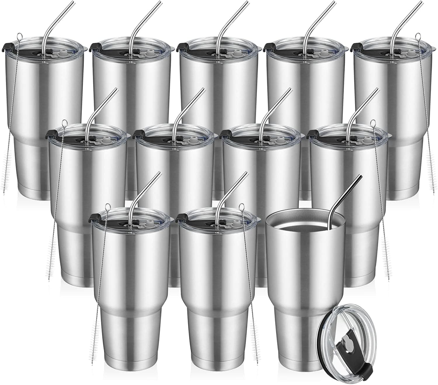 GOBATT 12 pack 30 oz Insulated Travel Coffee Mug With Lids and Straws, Stainless Steel Double Vacuum Coffee Tumbler Cup, for Cold & Hot Drinks, Office, Travel,party cups (Silver 12pack)