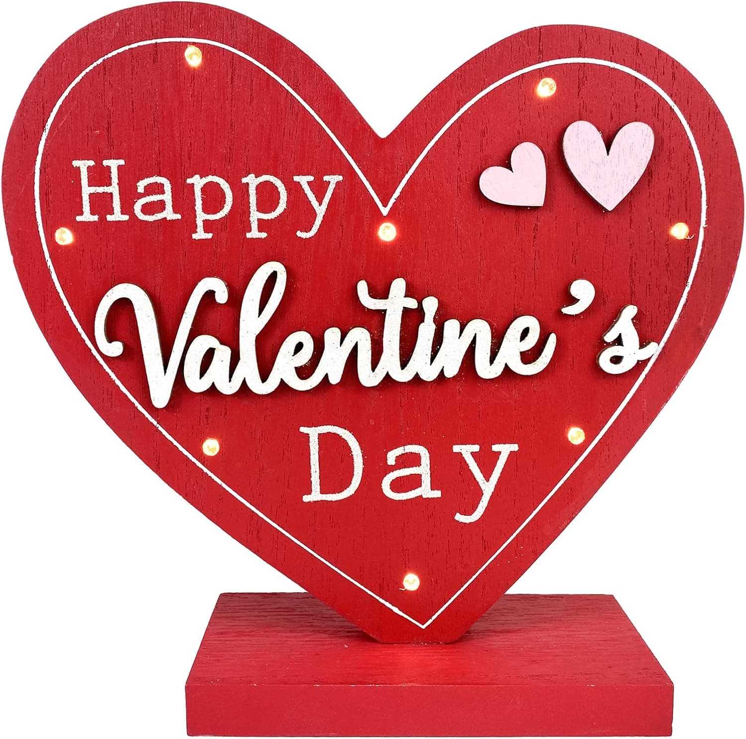 HOMirable Valentines Day Décor Led Light Red Heart Valentines Decorations Happy Valentine's Day Sign Wooden Block Farmhouse Rustic Table Sign For Home, Dining Room, Mantle, Fireplace, Shelf Indoor