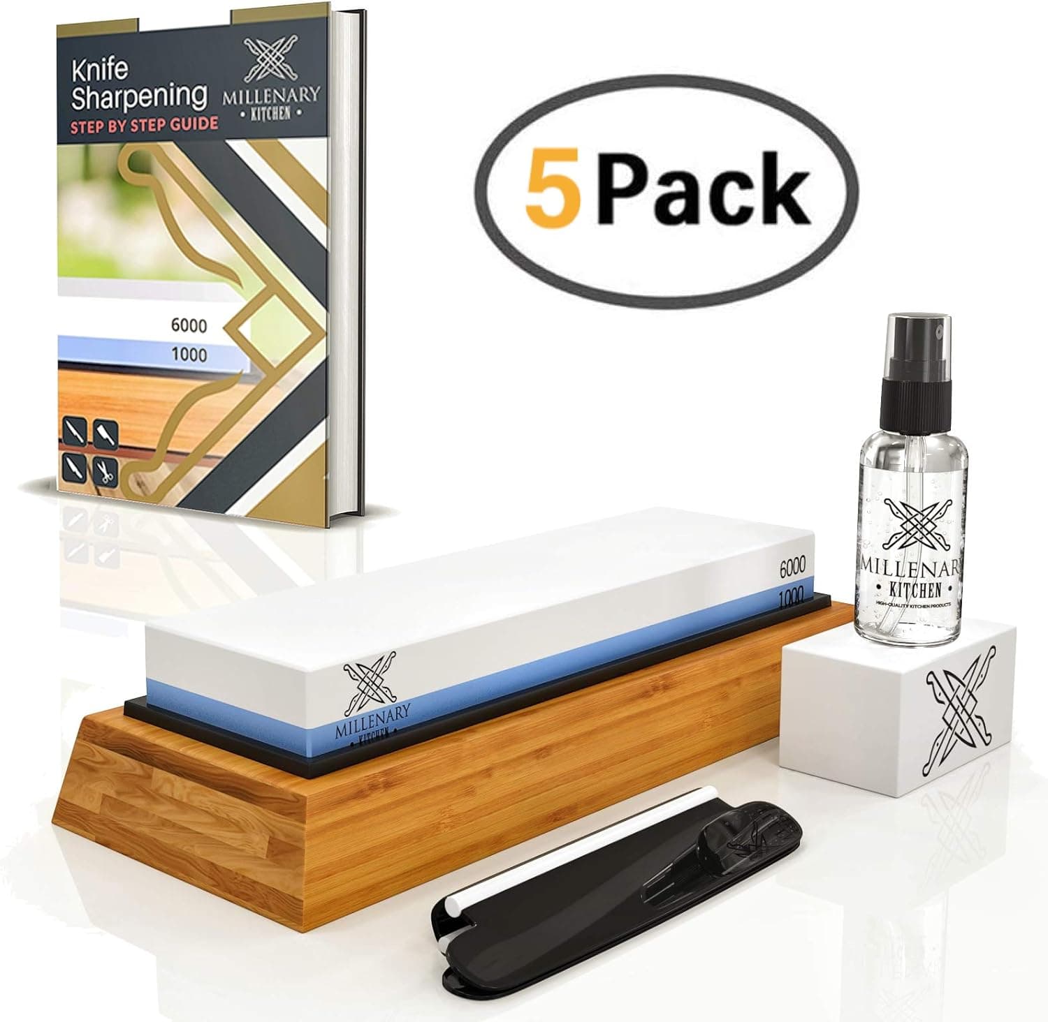 Professional Grade Knife Sharpening Stone 2 Sides Grit 1000/6000 Whetstone set | Japanese wet stones Knives Sharpener tools kit | Non-Slip Bamboo Base and Angle Guide For Maximum Precision on Kitchen