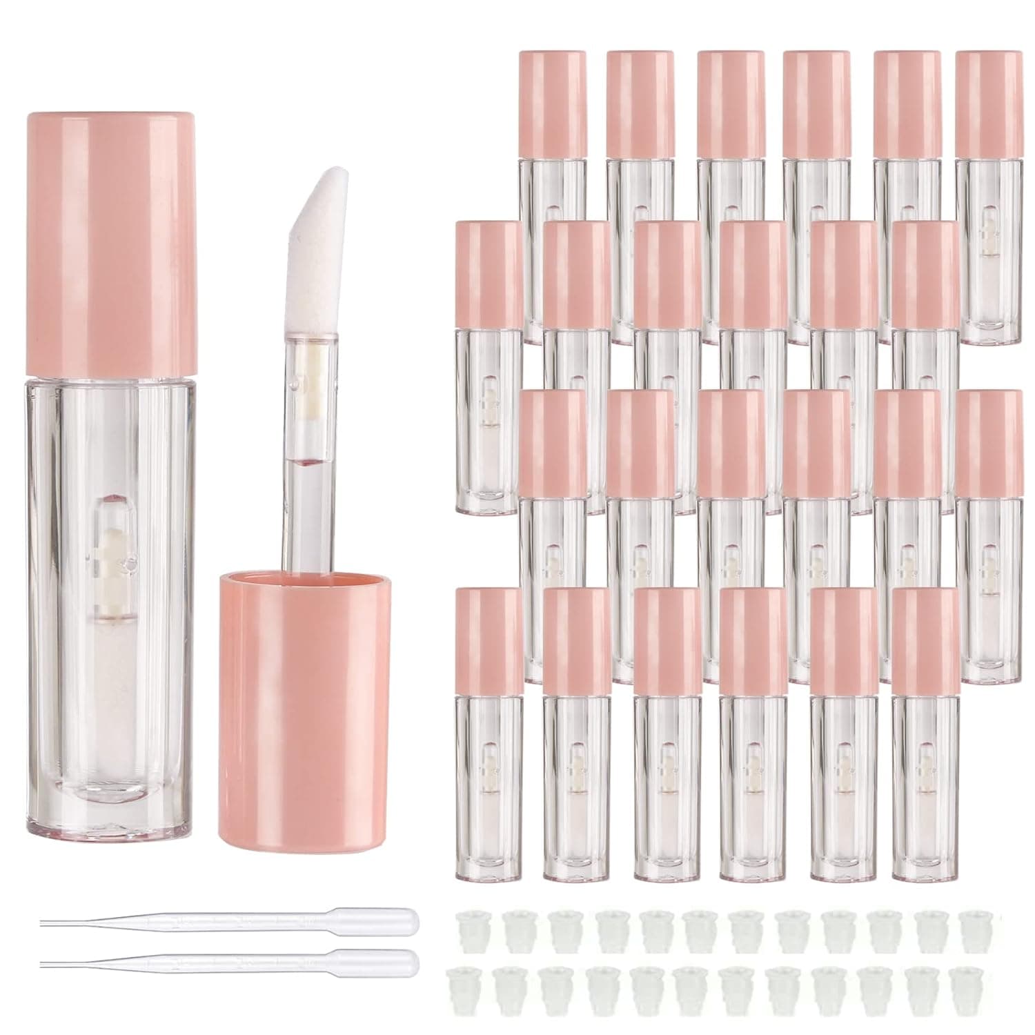 COSIDEA 24 pcs empty 5ml big doe foot lip gloss tubes pink lipgloss tube containers with clear thick wand cosmetic packcing container