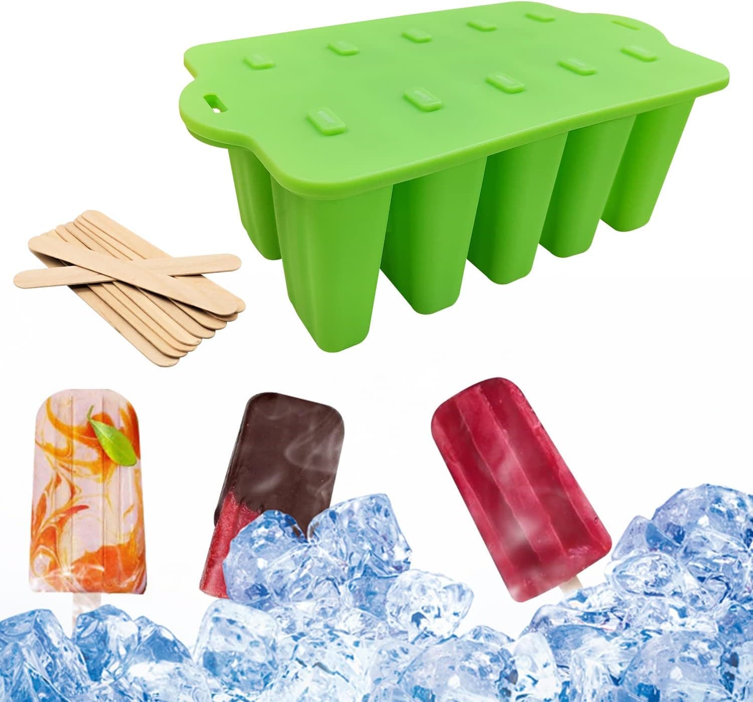 Silicone Popsicle Molds,Reusable 10-cavity DIY Kitchen Gadgets Stackable Ice Trays,Easy Release Popsicle Maker Molds BPA Free Ice Pop Mold for Kids Specialty Accessories Tool for Freezer(Green)