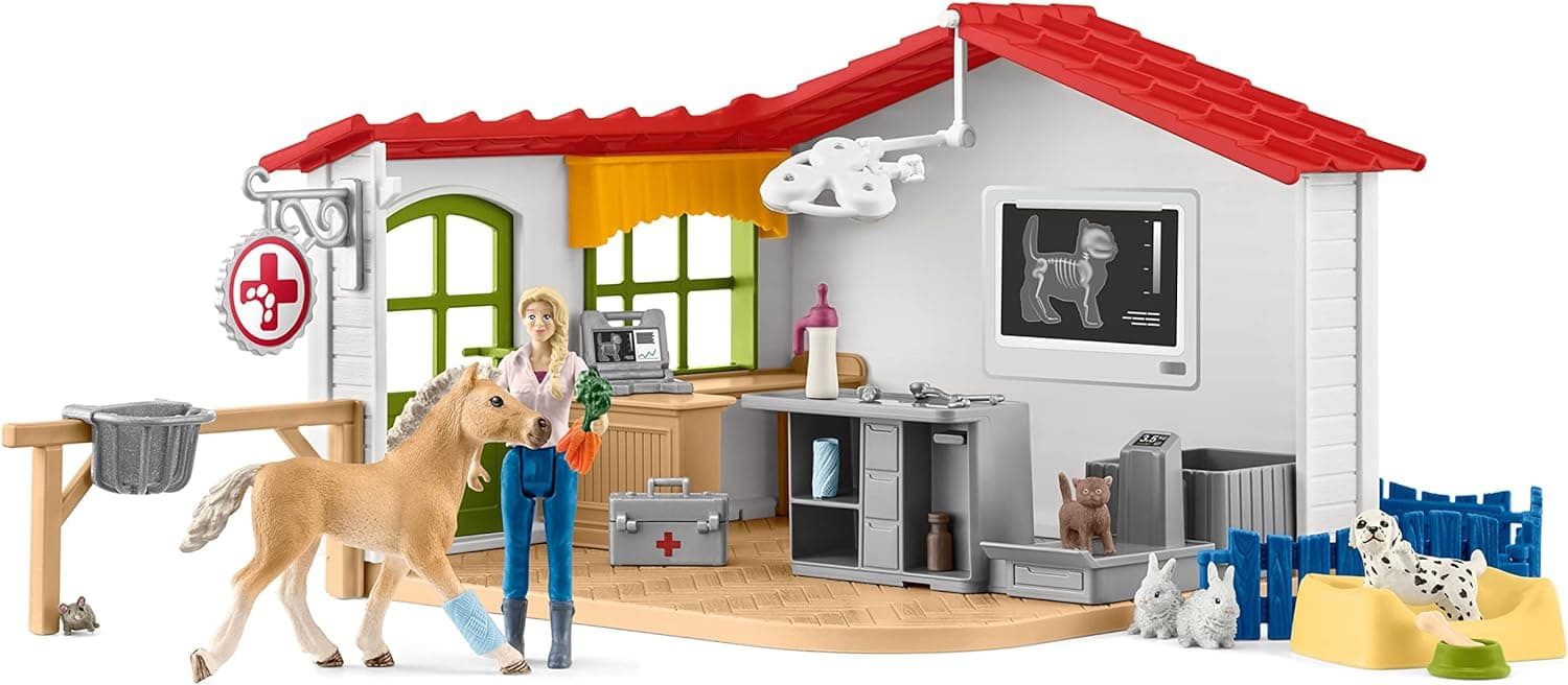 Schleich Farm World, Farm Animal Gifts for Kids, Vet Practice with Horse Figure, Animal Toys, and Accessories, 27-piece set, Ages 3+