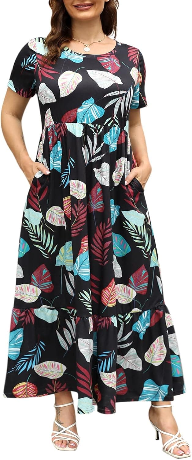 Celkuser Women's Plus Size Ruffle Tiered Casual Summer Loose Casual Maxi Long Dresses with Pockets