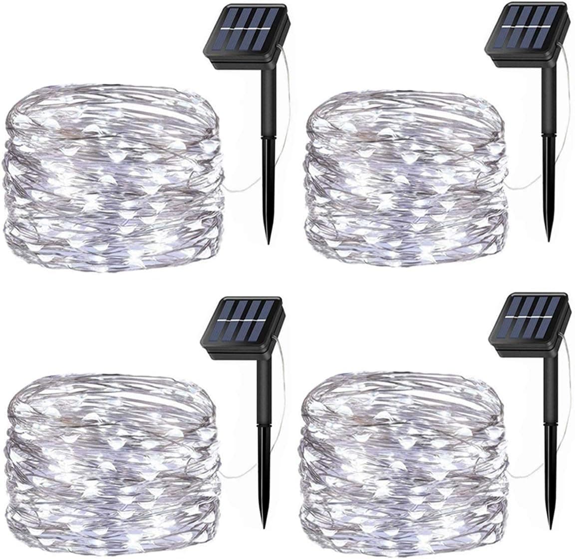LiyuanQ Solar Fairy Lights, 4 Pack 50 LED Solar Fairy Lights 16.5 Feet 8 Modes Silver Wire Lights Waterproof Outdoor Twinkle Lights for Garden Patio Yard Gate Party Wedding Outdoor Decor Cool White