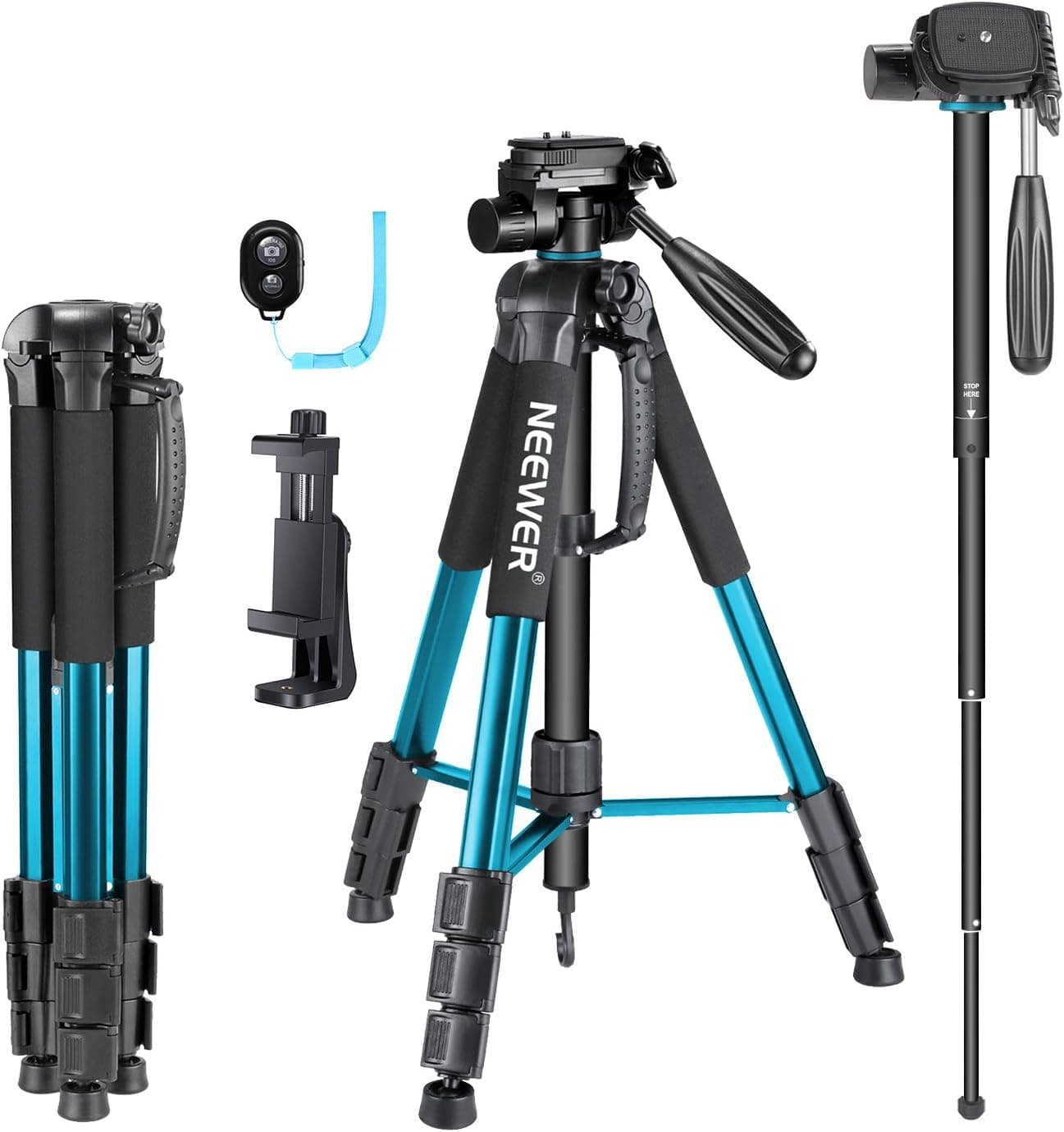 Neewer 70 inches Aluminium Camera Tripod Monopod with 3-Way Swivel Pan Head,Cellphone Holder,Bag for iPhone,Samsung,Huawei Smartphone,DSLR Camera,Load Up to 8.8 Pounds Blue (SAB264)