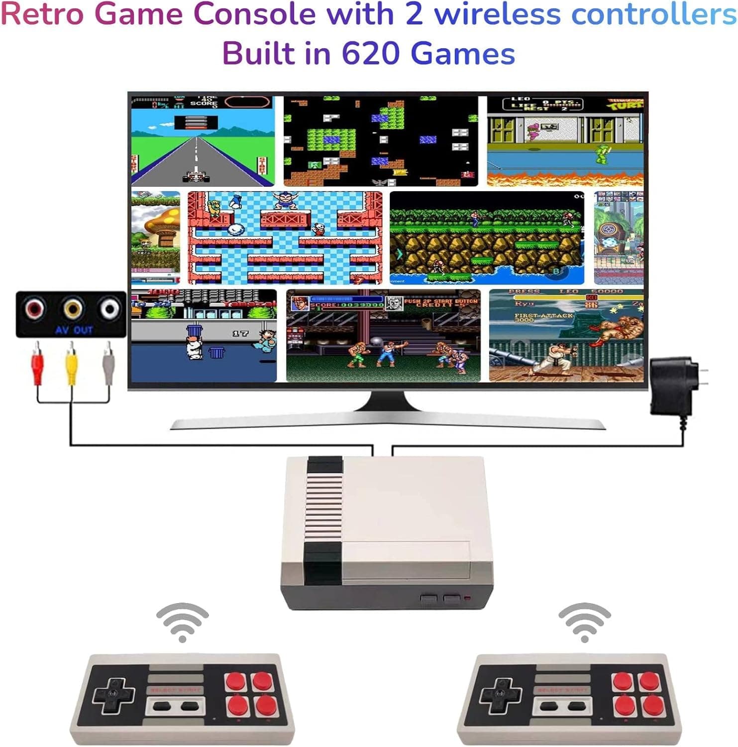 620 Retro Game Console, Mini Classic Game System with 2 Wireless Controllers and Built-in 620 Games, RCA Output Plug & Play Childhood Mini Classic Console, Birthday Gifts.
