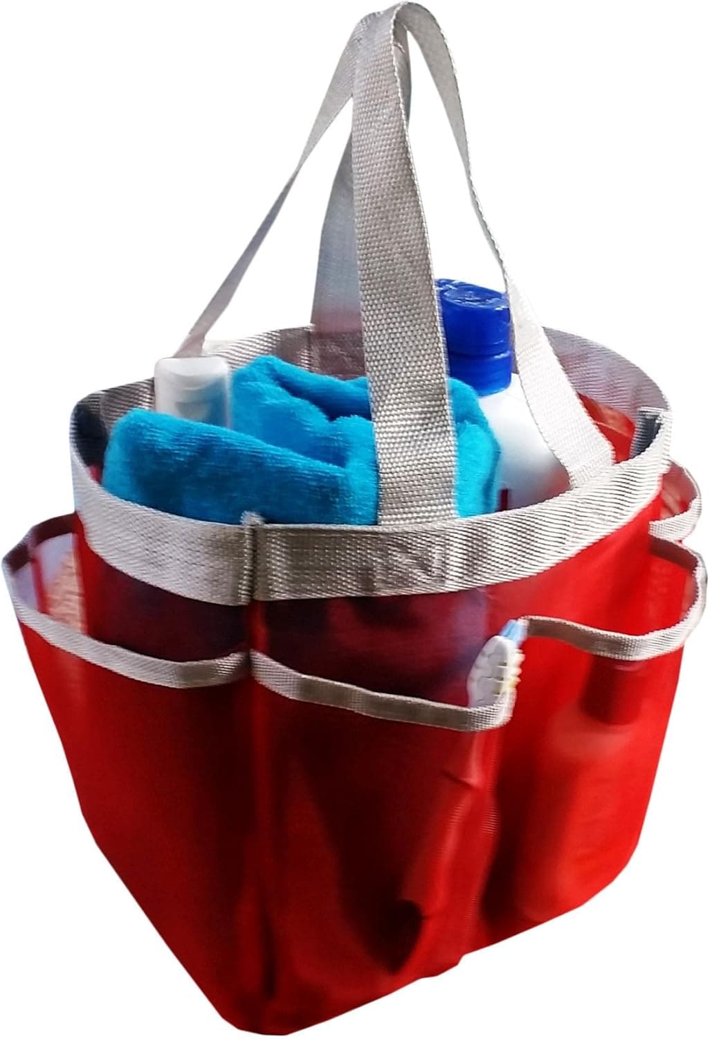 BlueSkyBos 2 in 1 Set Mesh Shower Caddy + Large Comb Premium 7-Pocket Mesh Portable Quick-Dry Shower Caddy with Handle, and a Bonus 8.5" Plastic Comb with Two Side Tooth (Red, 6" X 8" X 9")