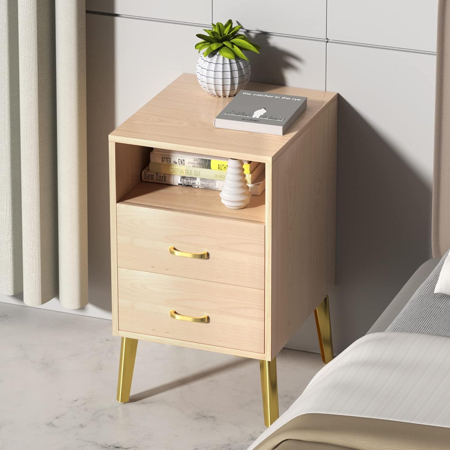 Elagorg Wood Nightstand 2 Drawers,Bedroom End Table Side Table Wooden Sofa Side Stand Cabinet,with Sliding Drawer & Open Storage