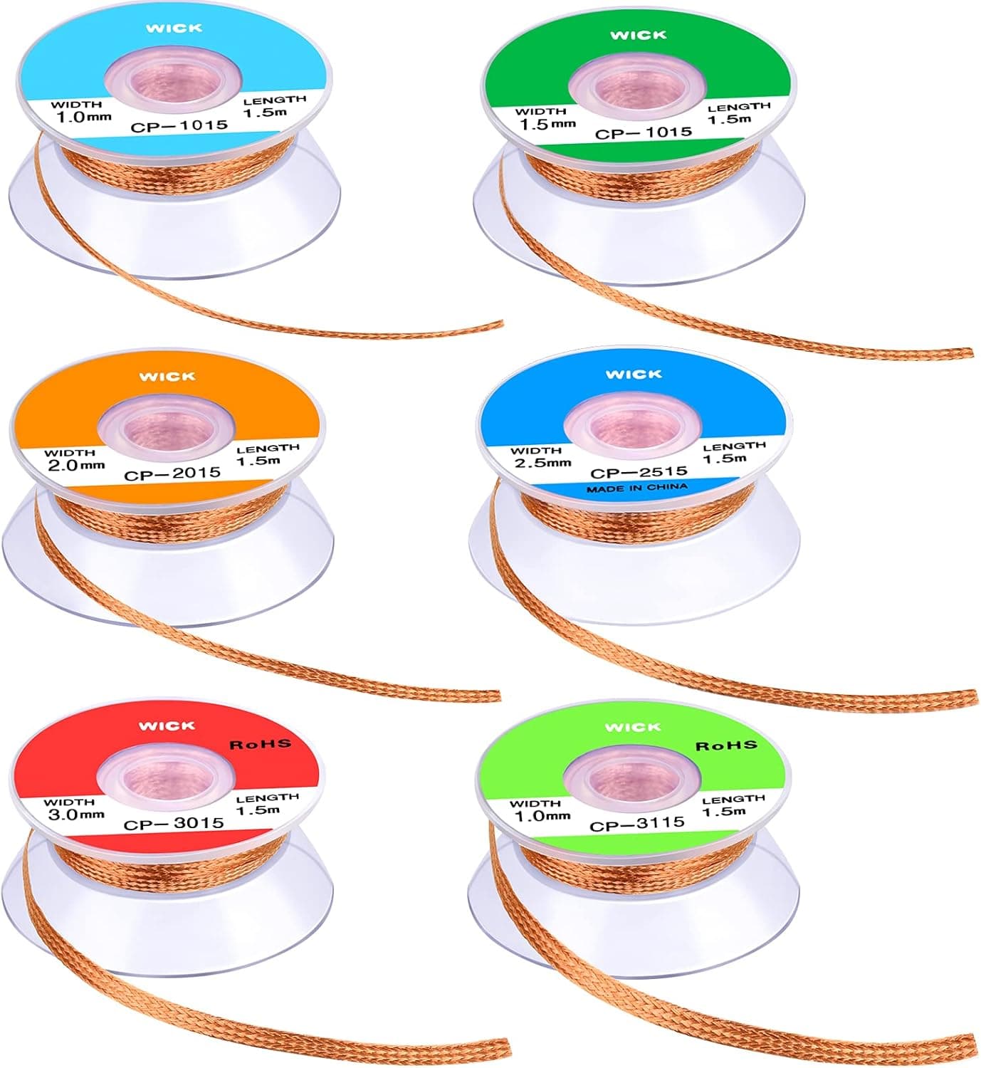 Hotop 6 Pieces Solder Wicks No-Clean Solder Braided Wicks Desoldering Wicks, 1.5 meter Length (Multi-color,1 mm, 1.5 mm, 2 mm, 2.5 mm, 3 mm, 3.5 mm)