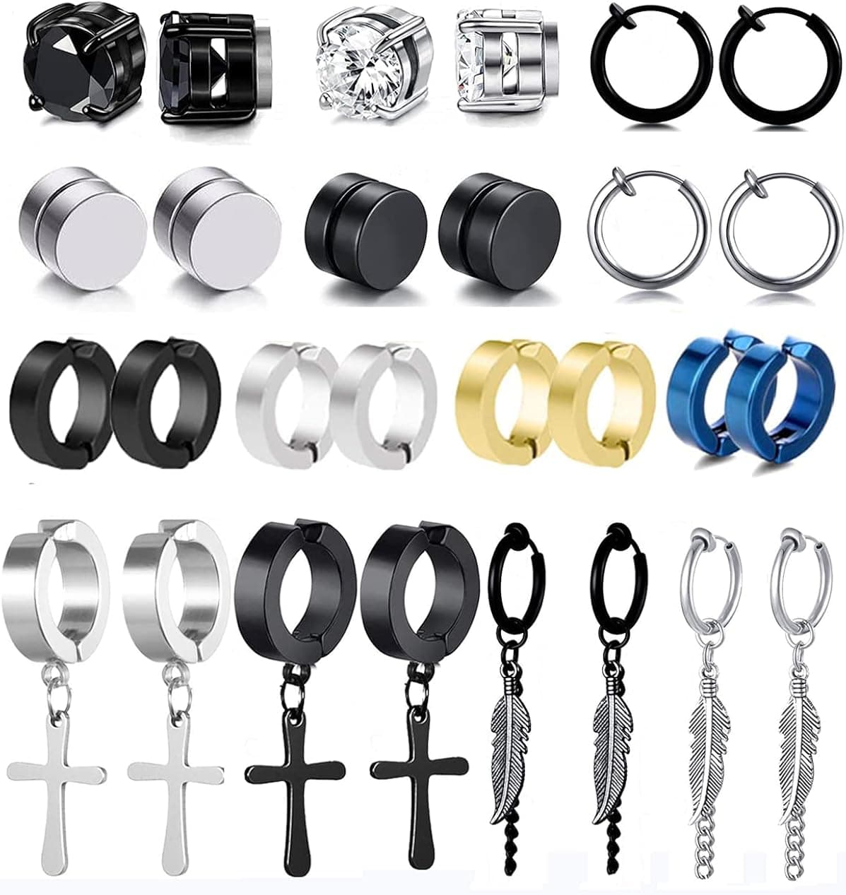 FINZOR 14 Pairs Clip on Earrings for Men Stainless Steel Earrings Non-Piercing Feather Dangle Hoop Earrings Unisex Clip on Earring CZ Earring Set