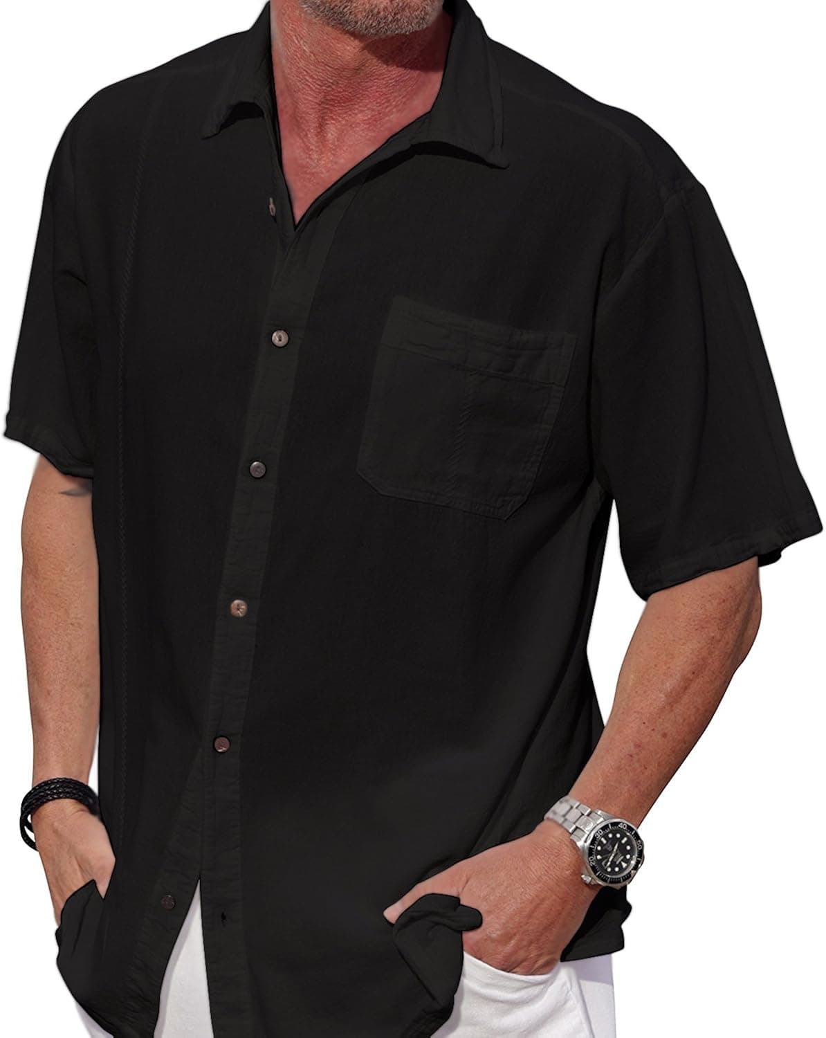 M&B USA Cotton White Short-Sleeve Casual Lightweight Beautiful Embroidered Button Down Shirt