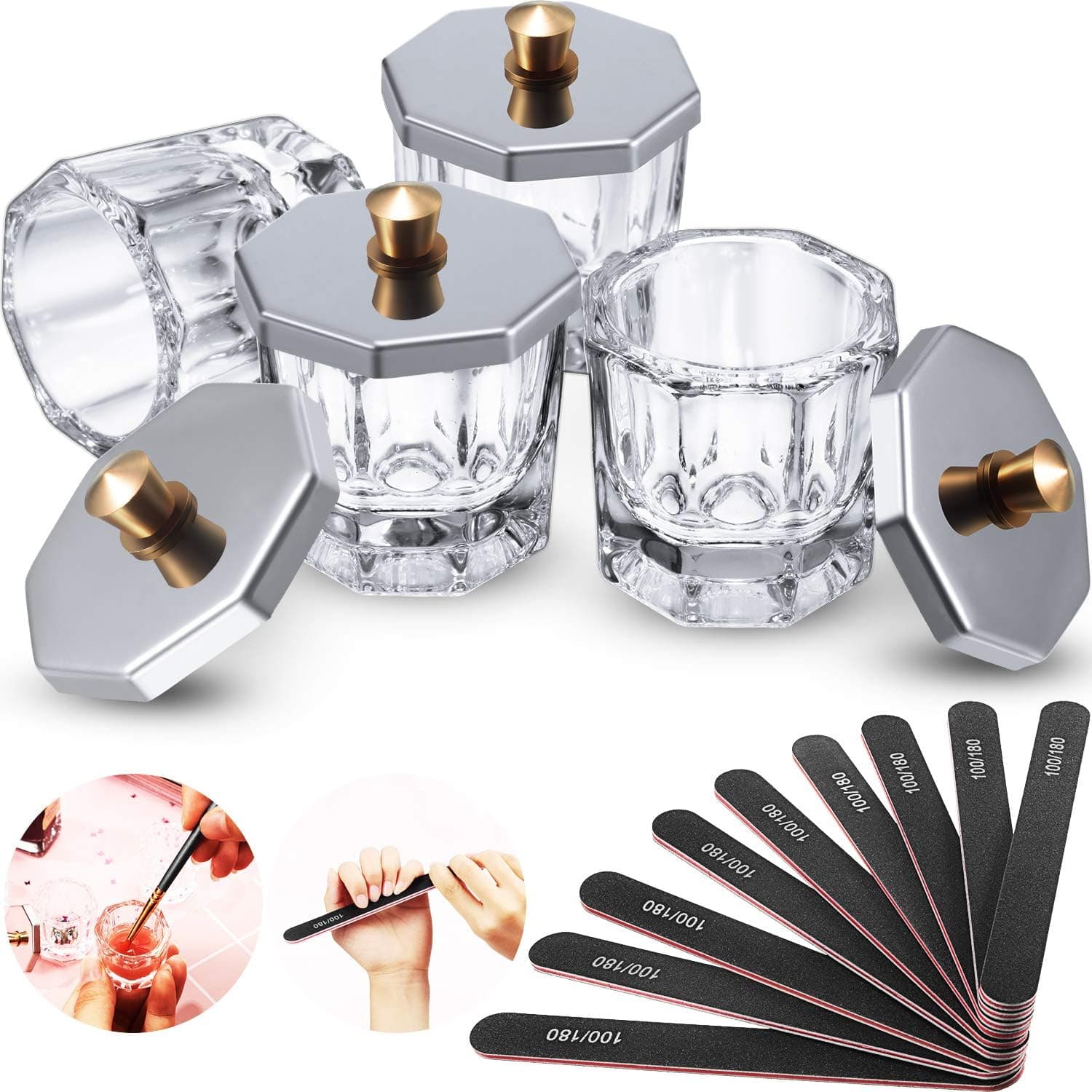 14 Pieces Acrylic Nail Art Glass Bowl Cups Set, 4 Pieces Clear Acrylic Mini Glass Dappen Dish with Stainless Steel Lid for Acrylic Powder and Liquid, 10 Pieces 100/180 Grit Double-Sided Nail Files