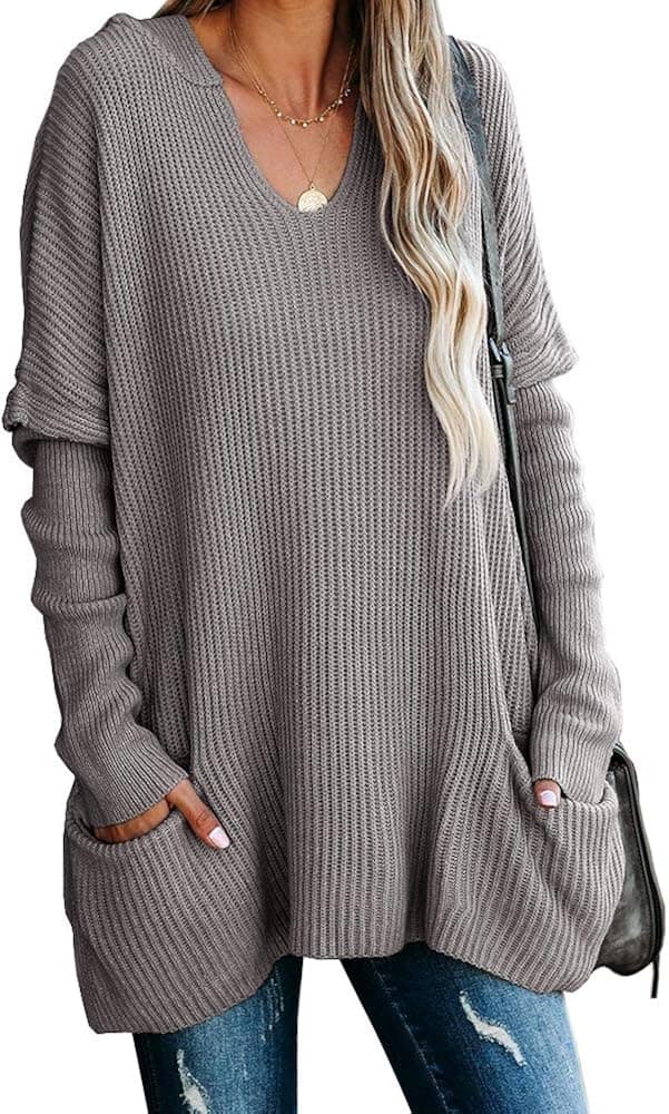 YeMgSiP Women's Maternity Oversized Batwing Hoodies Pullover Slouchy V Neck Long Sleeve Knit Hooded Sweaters with Pockets Dark Grey