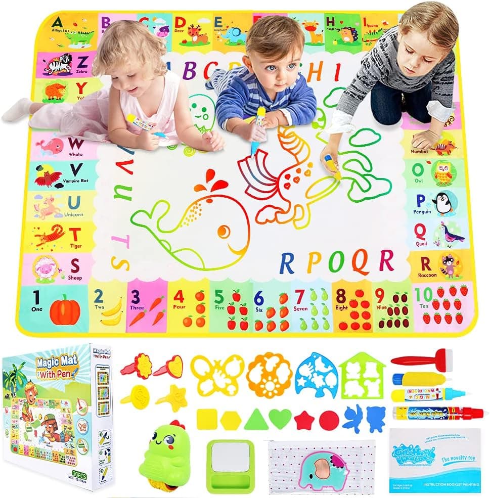 Water doodle mat for kids toddler Aqua magic drawing mat Washable markers - Coloring for toddlers 3 4 5 6 4 7 9 10 Play mat boy and girl toy gifts Animal Letters and Numbers Learning Toy for Painting