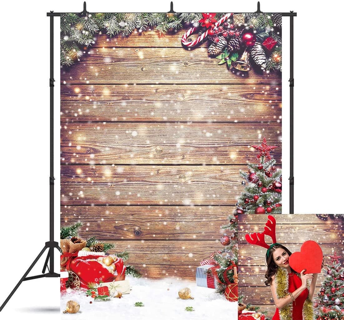 Hilioens 5.5×7ft Christmas Wooden Backdrop for Photography Winter Snowflakes Xmas Trees Holiday Party Rustic Barn Vintage Wood Pattern Background for Kids Happy New Year Baby Shower Banner Decor