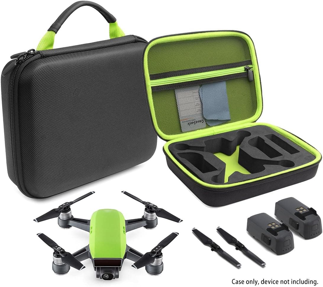 Compact Travel and Protection Case for DJI Spark Mini Quadcopter Drone, Slots for extra batteries and propellers (Black with Meadow Green Handle and lining)