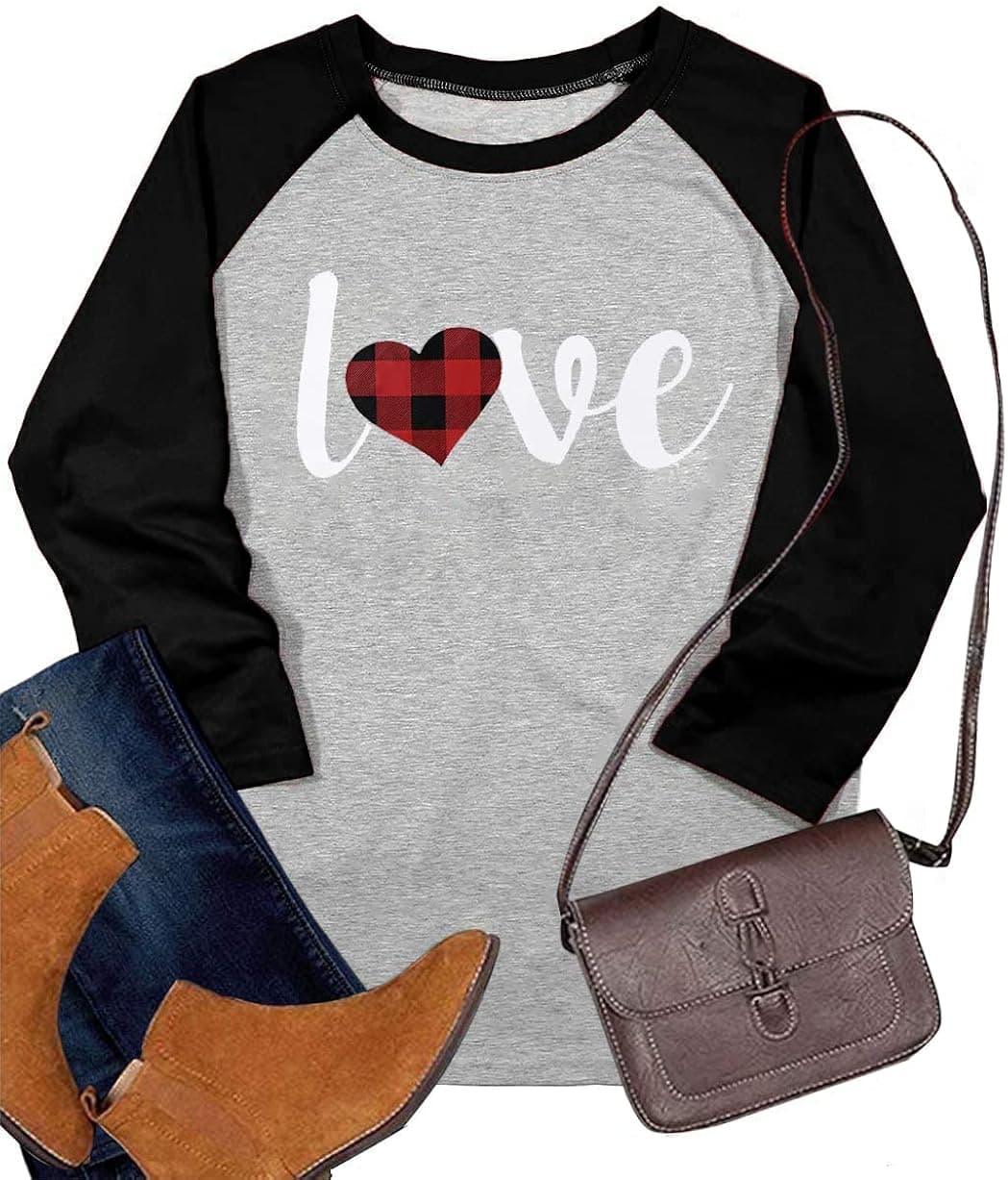 Love Shirt Baseball T Shirt for Women Valentine's Day Plaid Love Heart Graphic Tee 3/4 Sleeve Raglan Tops