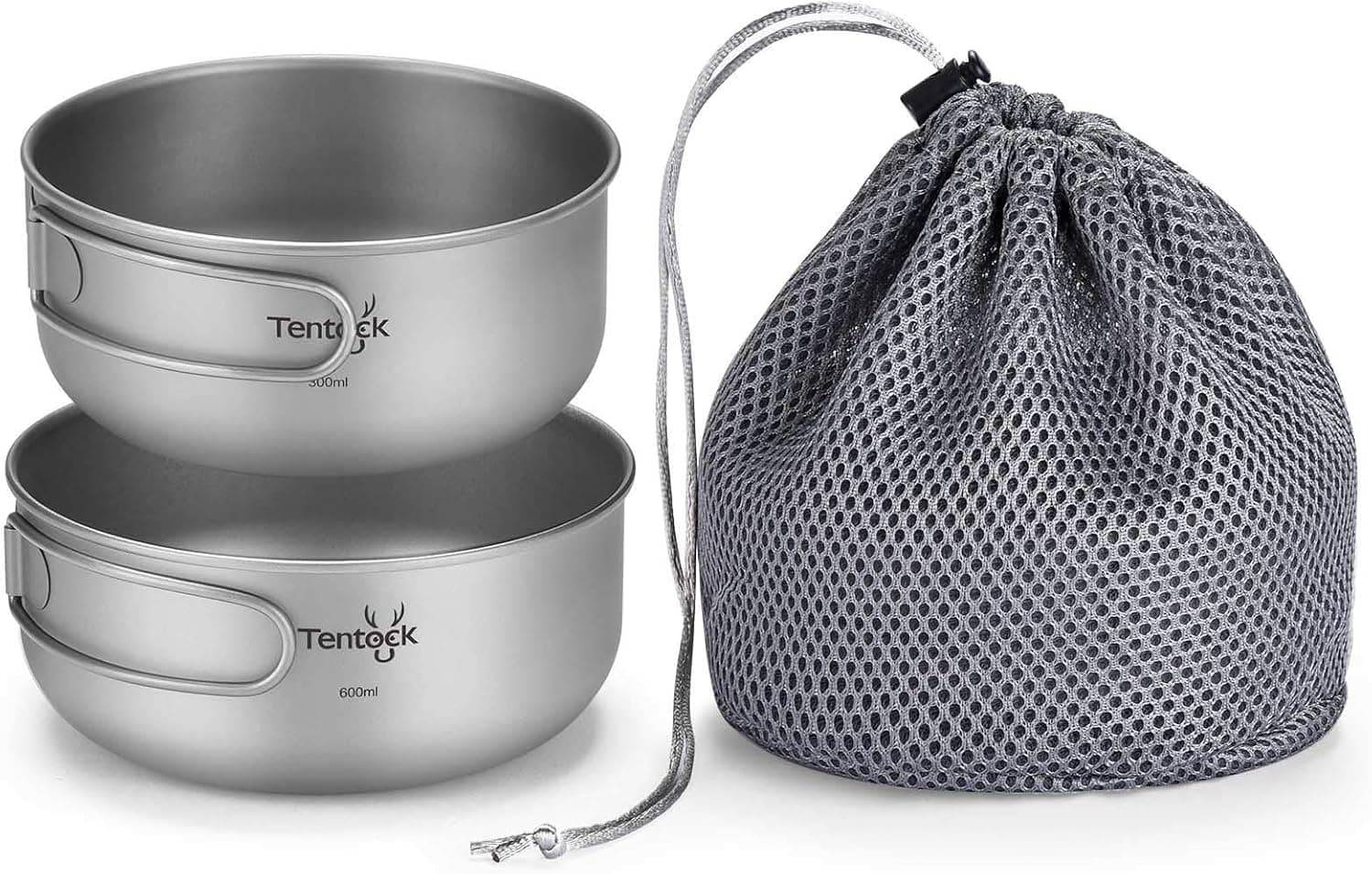 Tentock Titanium Bowls Set 500ml+600ml Ultralight Camping Cookware Outdoor Utensils with Folding Handle
