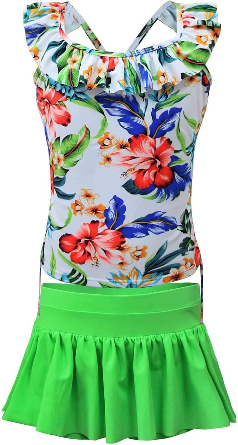 KALAWALK Girls’ Adjustable 4Y-32Y Two Piece Tankini Flower Pattern Ruffle Swimwear Bathing Suit(FBA)
