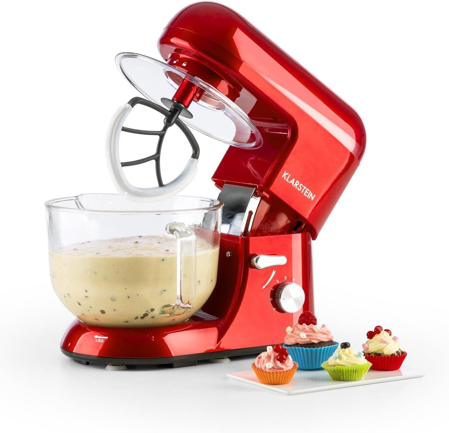 KLARSTEIN Bella Rossa 2g Electric Stand Mixer, Grinder, Dough Bowl, Flat Whisk, Food mixer, Wire Whip, 650 Watts, 5.5 qt Glass Bowl, 6 Speeds