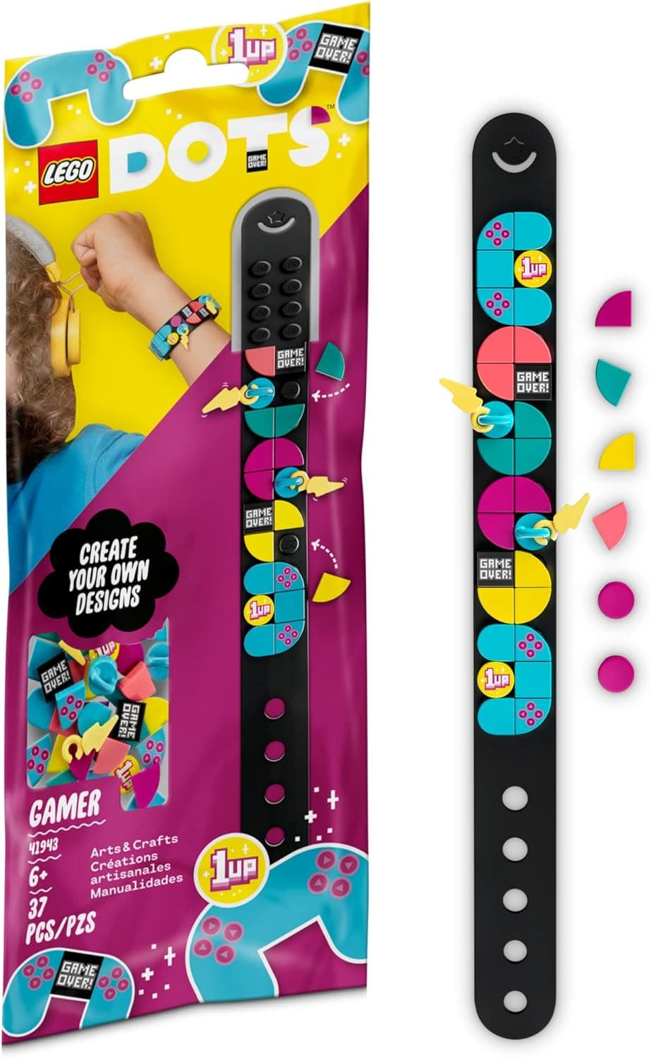 LEGO DOTS Gamer Bracelet with Charms 41943 DIY Craft Bracelet Kit; A Creative Gift for Arcade Game Fans Aged 6+ (37 Pieces)
