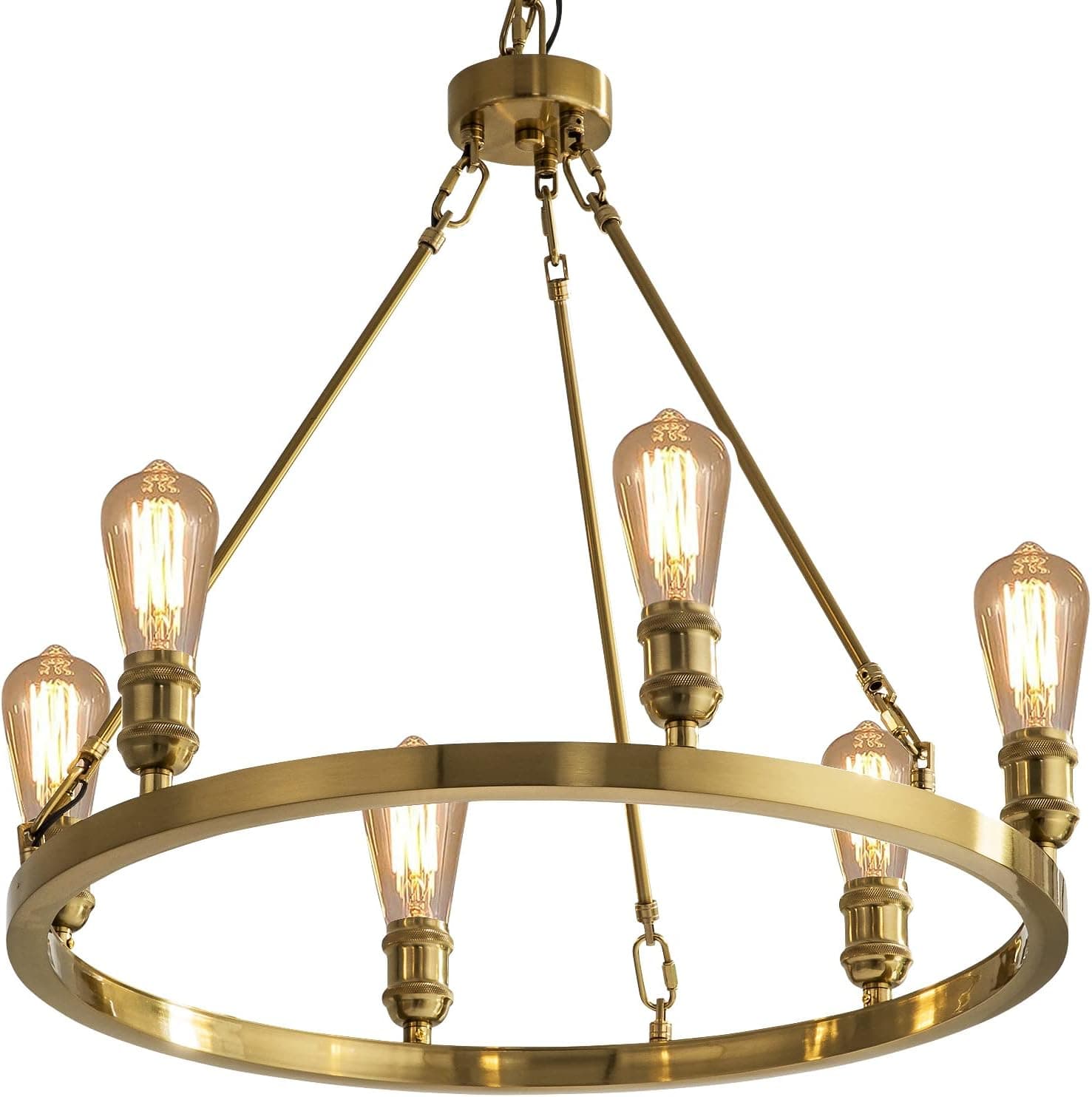 SHOREDON Gold Wagon Wheel Chandelier 6 Lights Round D28 Farmhouse Rustic Finish Vintage Industrial Metal Wagon Wheel Island Lights for Kitchen Dining Room Living Room (6-Lights, Gold)