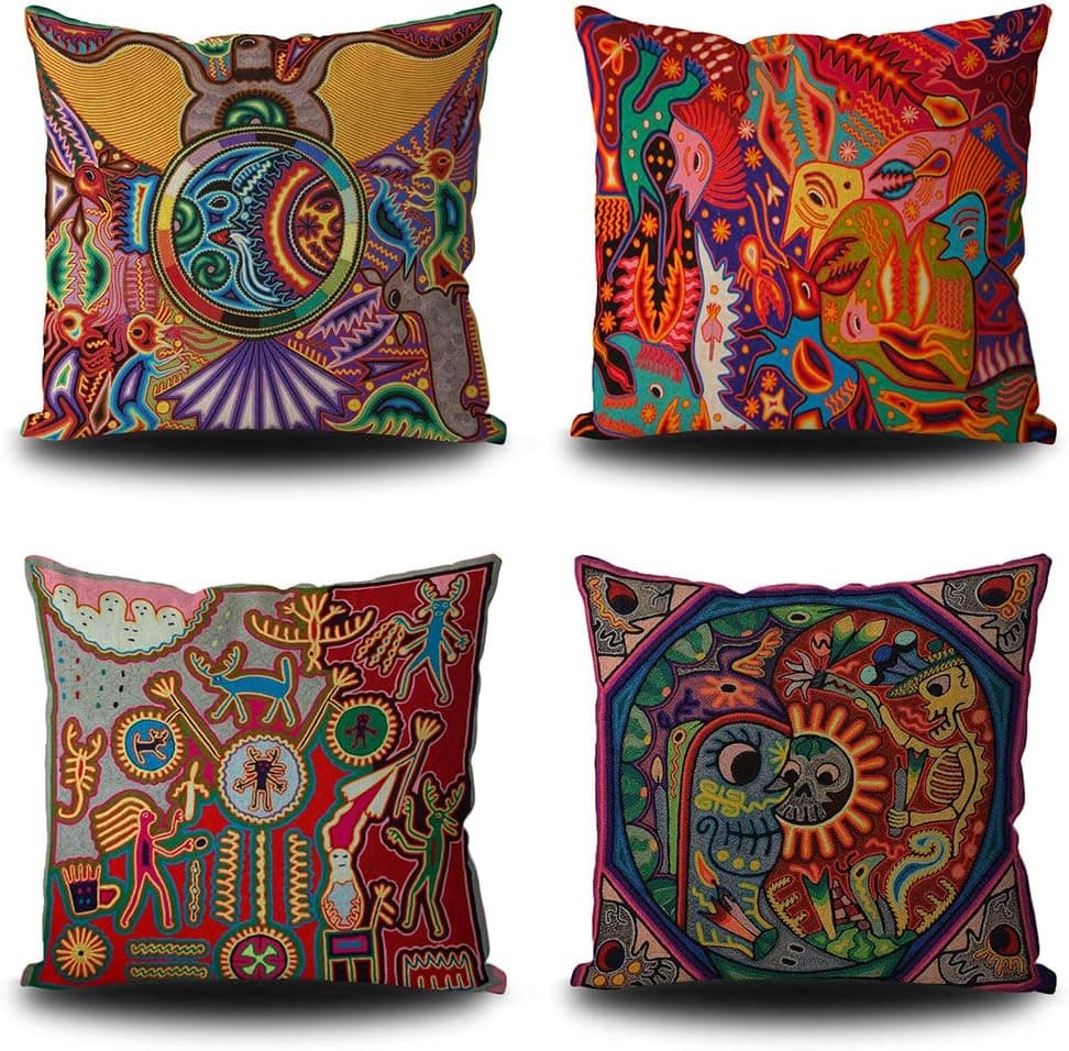SVITFAMLI Set of 4 Throw Pillow Covers Mexican Huichol Decorative Pillow Cases Home Decor Square 18x18 Inch Linen Pillowcase Double Side Print