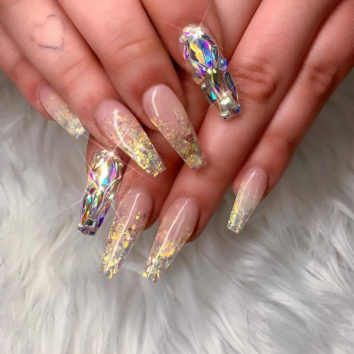 Artquee 24pcs Gold Glitter Long Ballerina Press on Nails with Crystal Glossy False Nails Coffin Flash Fake Nail Tips Manicure for Women and Girls Including 2pcs 3D Rhinestones