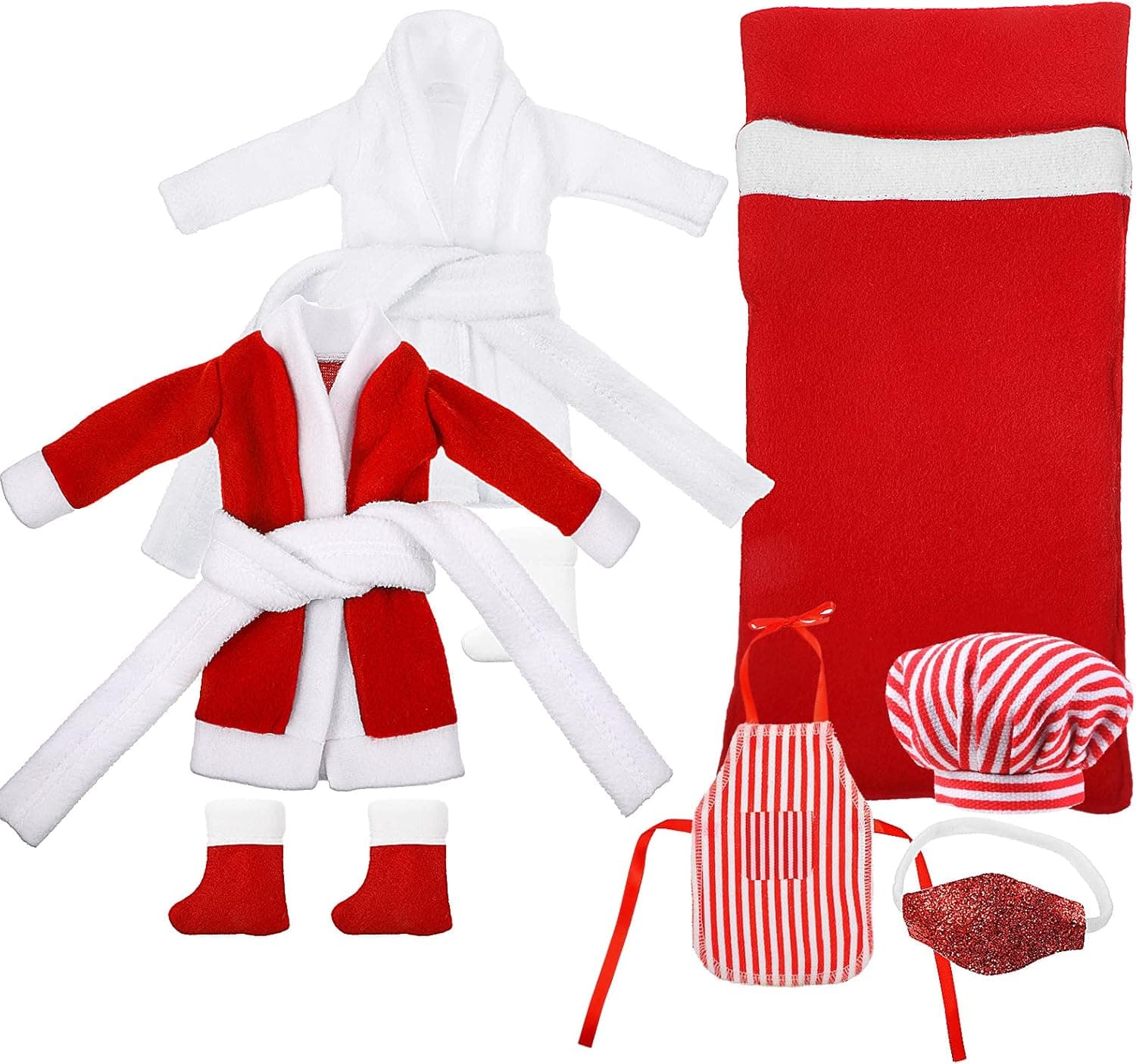 Canlierr Christmas Elf Clothes Doll Accessories Santa Clothing Set Include Christmas Elf Sleeping Bag, 2 Bathrobe with Boot, Red and White Striped Apron and Chef Cap for Elf Doll Clothes Kit