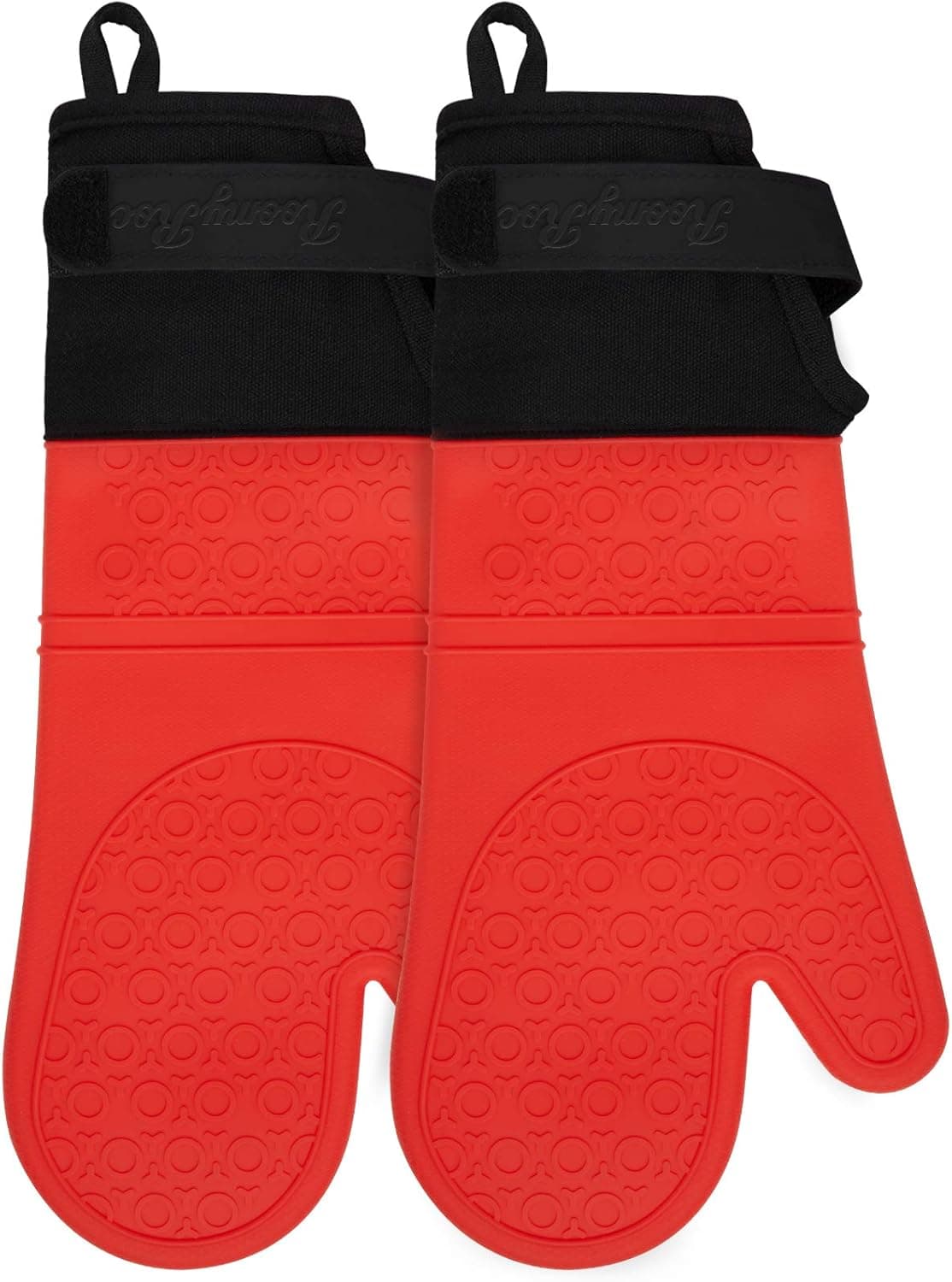 Silicone Oven Mitts with Adjustable Cuff, RoomyRoc Oven Mitt with Non-Slip Grip and Thicker Liner, Heat Resistant Pot Holders, Extra Long Professional Soft Flexible Oven Gloves, Red, 1 Pair, 14.7 Inch