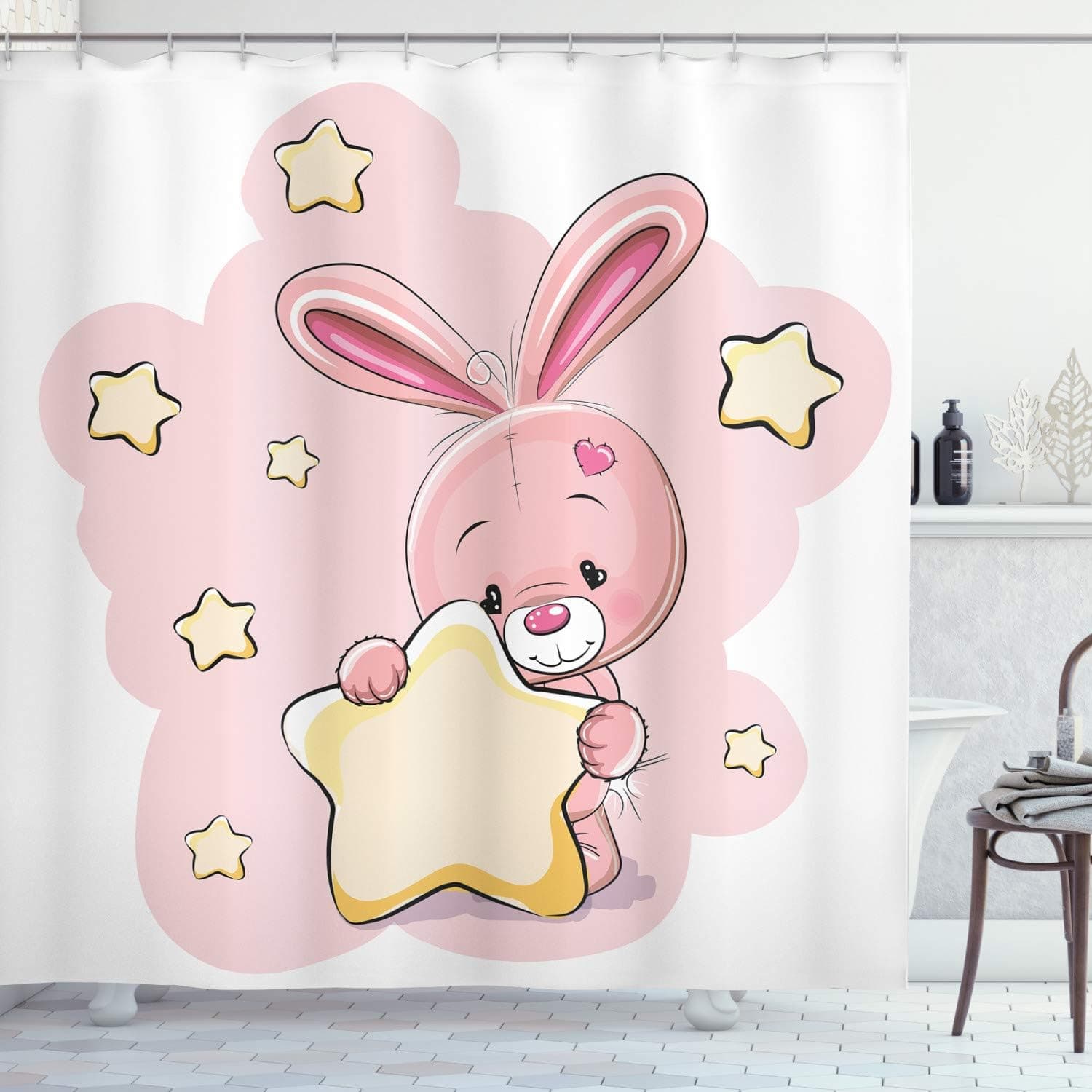 Ambesonne Feminine Shower Curtain, Rabbit Bunny with Star Art for Birthday Celebrations Shower Theme, Cloth Fabric Bathroom Decor Set with Hooks, 69" W x 70" L, Yellow and Pink