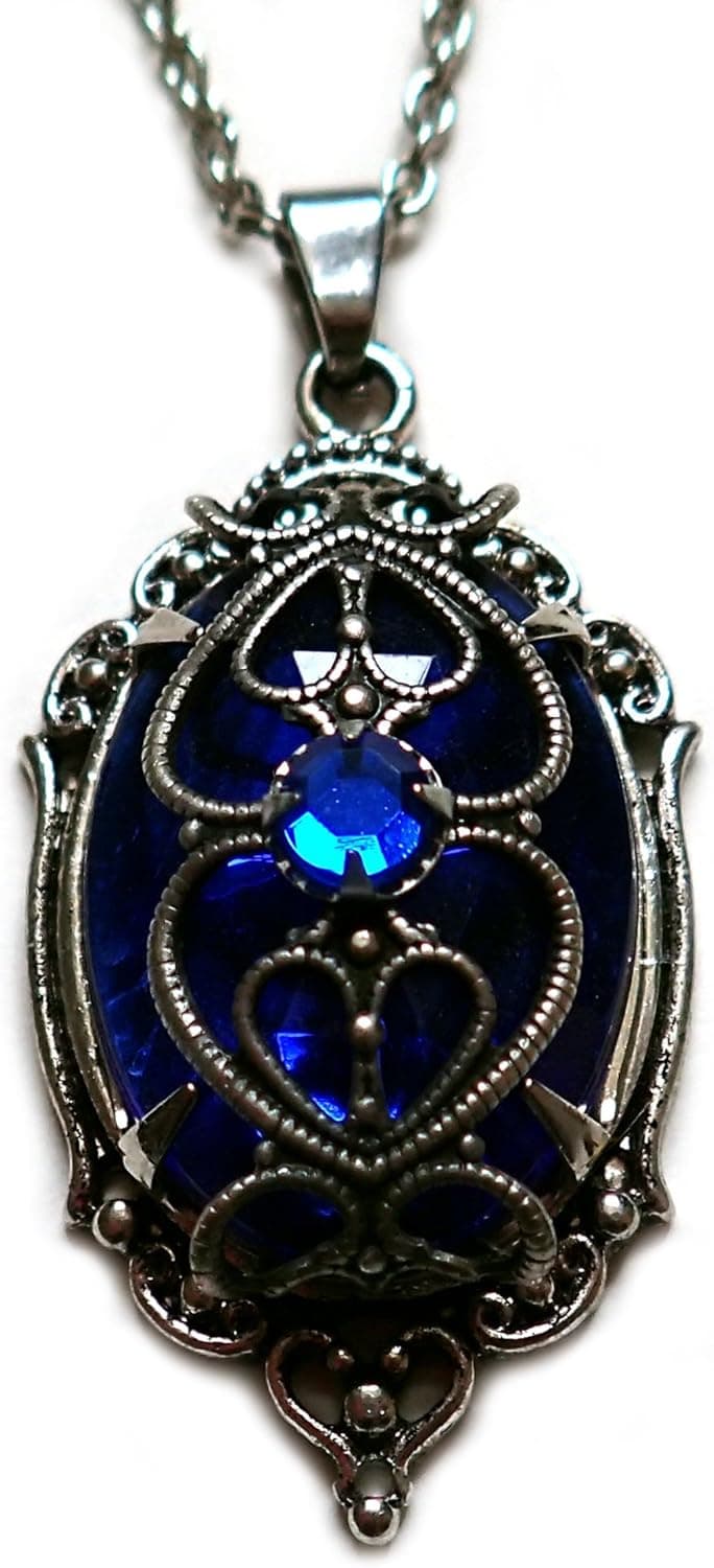 Moon Maiden Jewelry Silver Filigree Caged Rhinestone Pendant: Dark Sapphire Blue