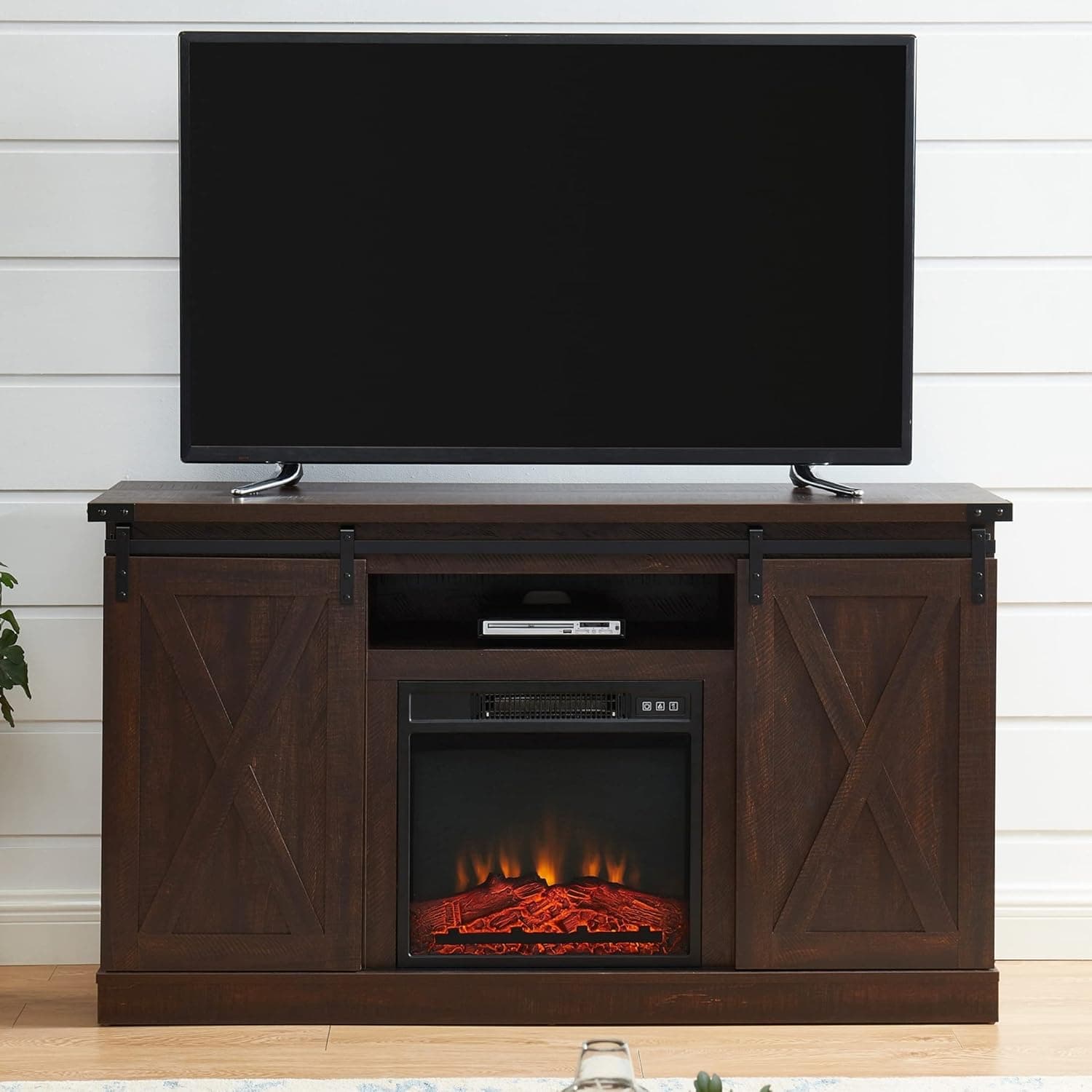 EDYO LIVING Barn Door Electric Fireplace TV Stand Console Entertainment Center for TVs up to 65" Dark Brown