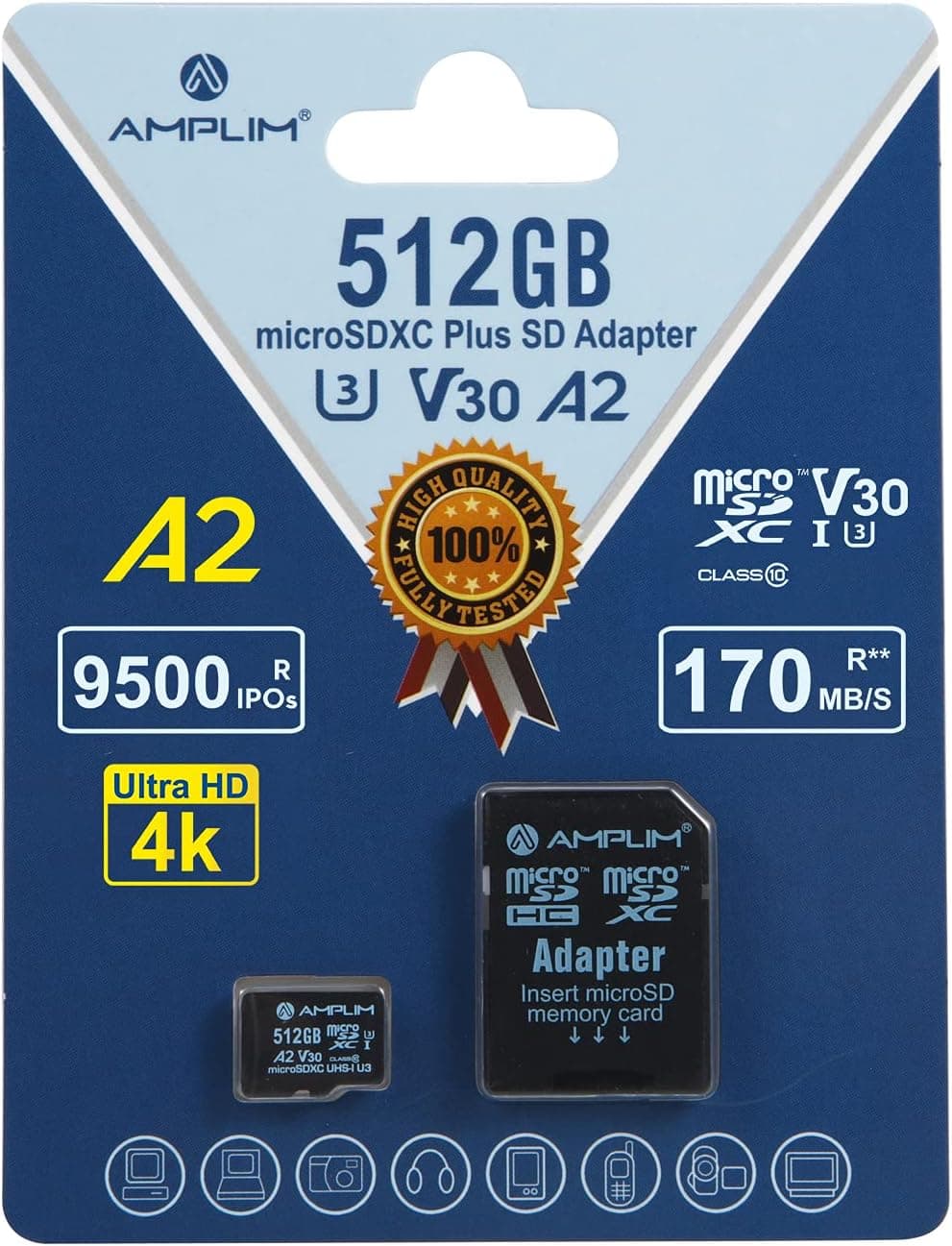Amplim 512GB Micro SD Card | MicroSD Memory Plus Adapter | Extreme High Speed 170MB/S A2 MicroSDXC U3 Class 10 V30 UHS-I for Nintendo, GoPro Hero, Surface, Phone, Camera Cam, Tablet