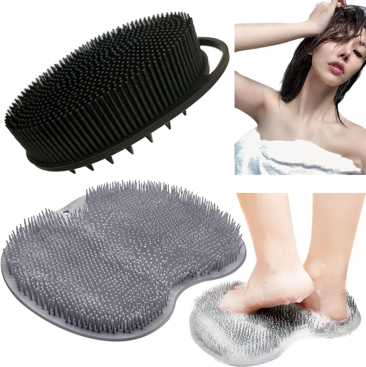 2 Pack Silicone Body Scrubbers Shower Foot Scrubber Mat 2 in 1 Bath and Shampoo Brush Exfoliating Body Brush Wall Mounted Slip Suction Cups Wash Pad for Use in Men Women ​Head Scrubber Scalp Massager