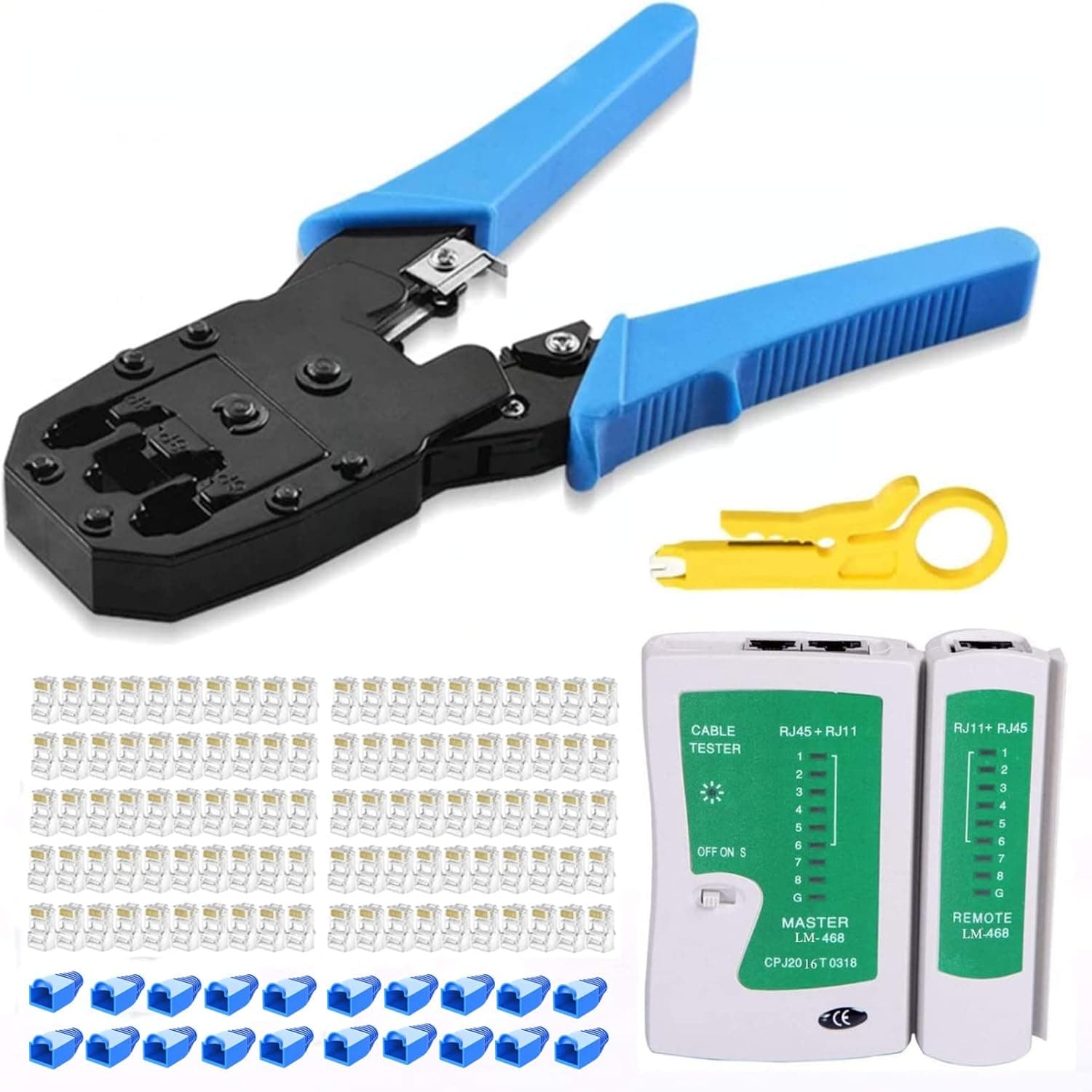 Gaobige rj45 Crimp Tool Kit, Cat5 Cat5e Crimping Tool with 100pcs rj45 Cat5 Connectors, 20pcs rj45 Cat5 Cat6 Connector Covers, Cable Tester, Network Wire Stripper