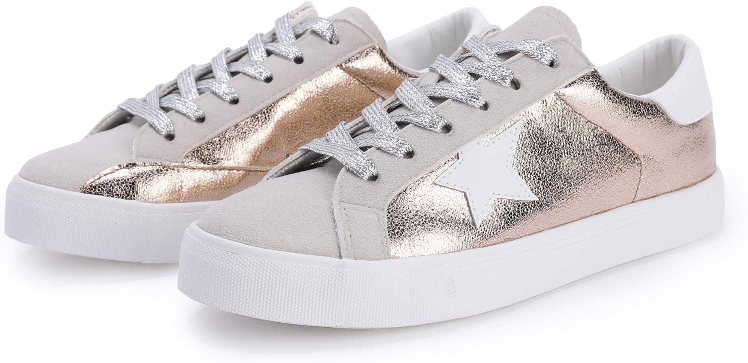 Womens Fashion Star Sneakers Shoes Platform Glitter Sparkle Comfort Lace Up Flats, Fit Small