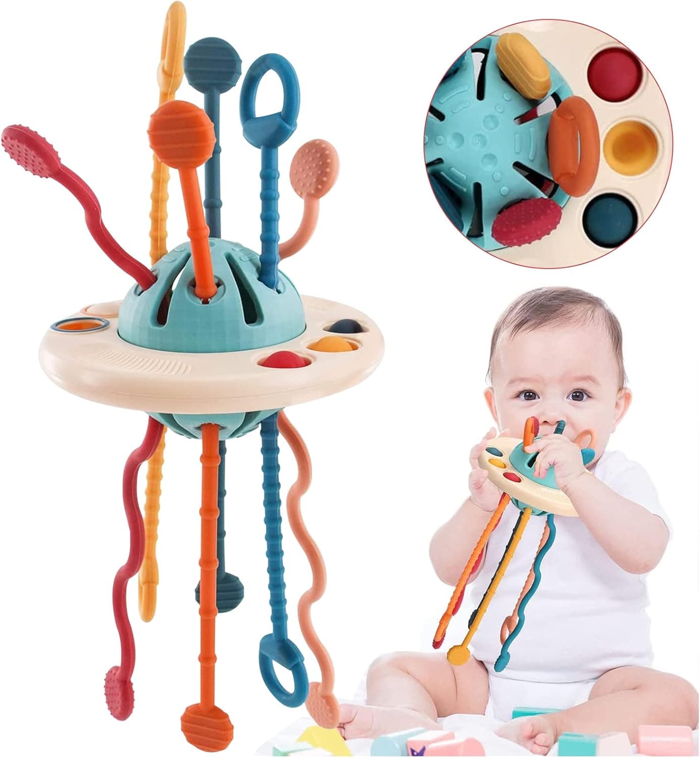Baby Sensory Toys, Montessori Pull String Airplane Travel Toys for Toddlers 1-3, Montessori Toys for Babies 6-12 Months UFO Silicone Pull String Activity Toy Dawnier Pull Toy