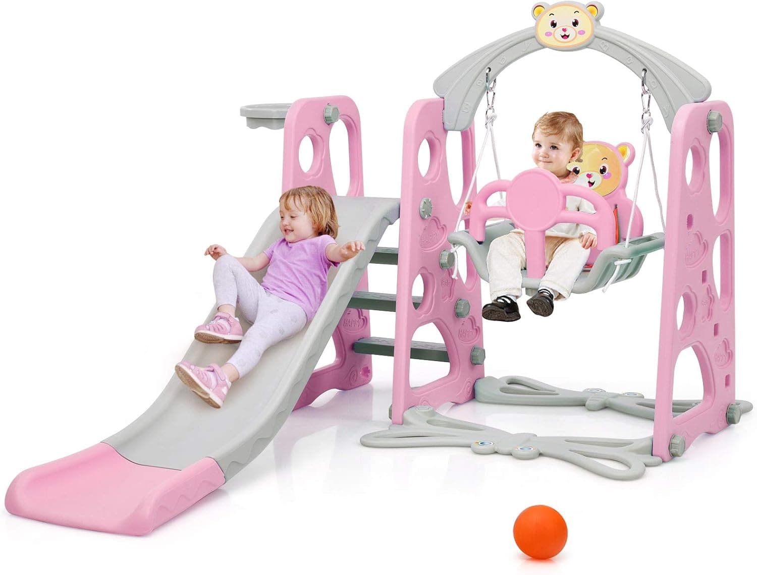 Costzon 4 in 1 Toddler Swing and Slide Set, Kids Play Climber Slide Playset with Safety Belt, Basketball Hoop, Extra Long Slide and Ball, Baby Swing Set for Indoor Outdoor Backyard (Pink Bear)
