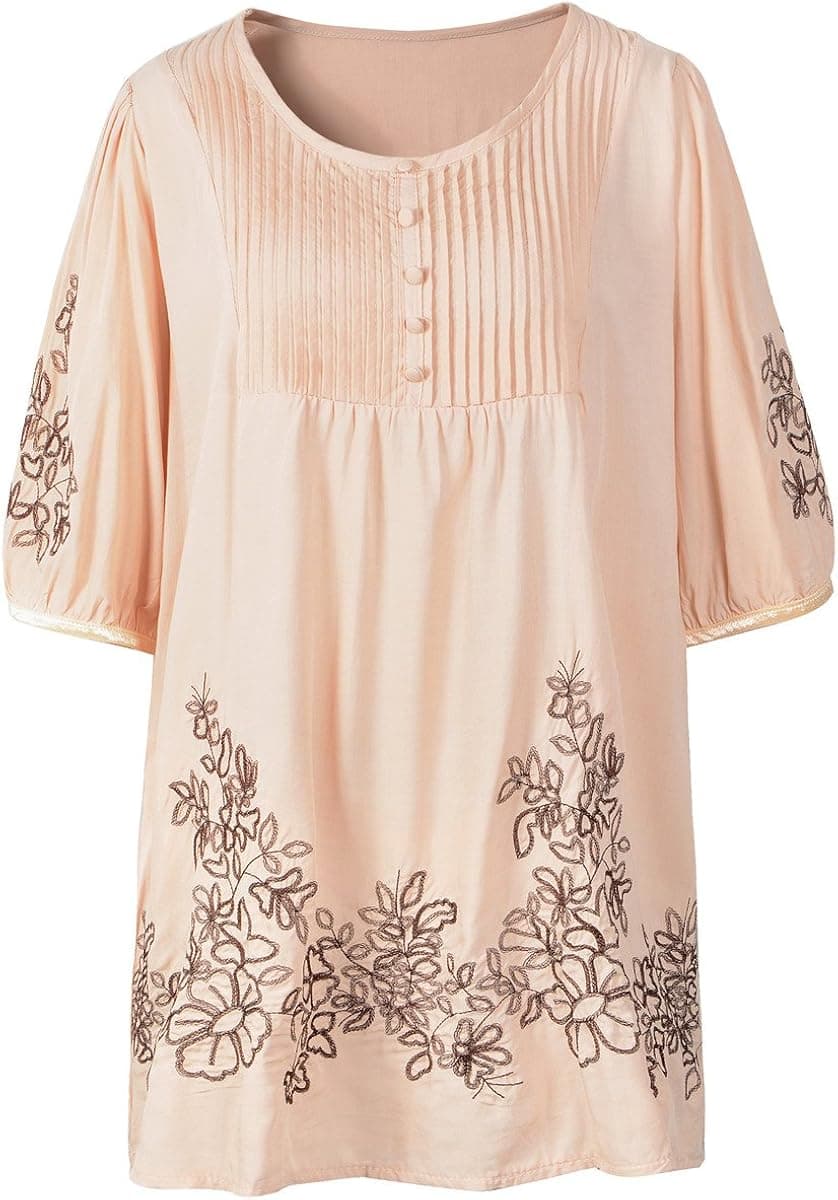 Lanmo Women Embroidery Peasant Tops Summer Dressy Shirt