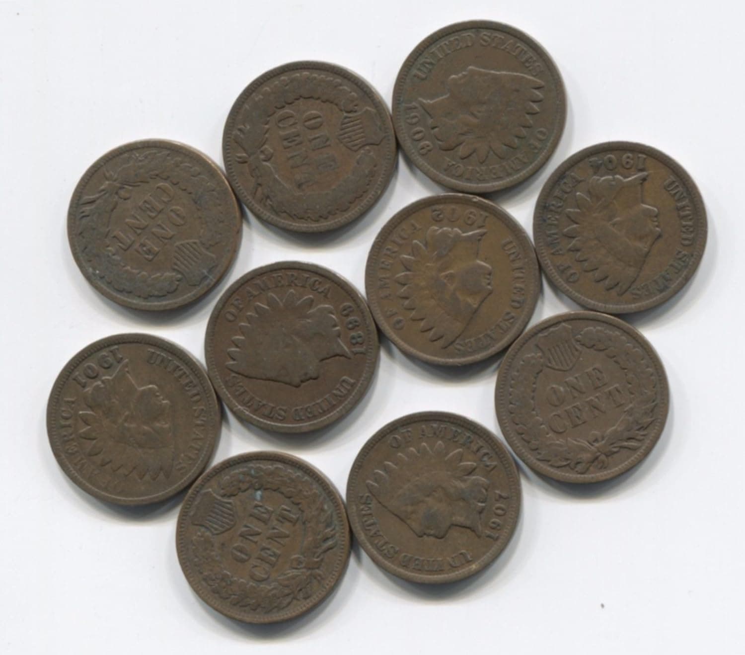 Indian Head Pennies 10 Antique Cent Collection Lot w/ 2 pre-1900’s Nice Old Set