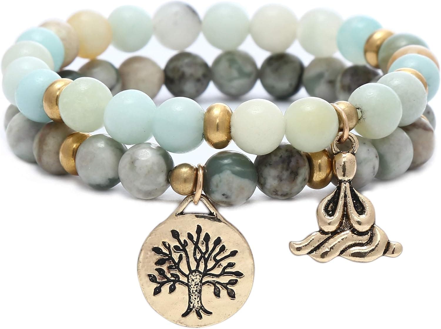 XINRUI Natural Gemstone Healing Yoga Beaded Bracelets for Women Tree of Life Chakra Bracelet Jasper & Tibetan Agate-Cyan