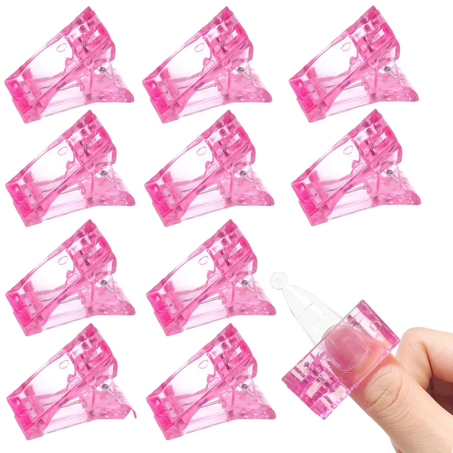 10PCS Nail Tips Clip for Quick Building gel, Kalolary Plastic Transparent Nail clips for gel Finger Nail Extension UV LED Builder DIY Manicure Clip Clamp Set (Pink)