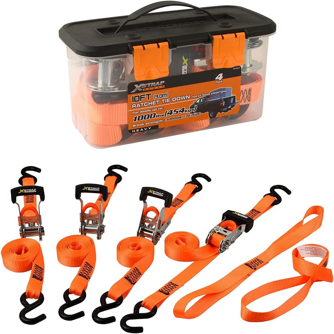 XSTRAP STANDARD Ratchet Tie Down Straps - 4PK - 1-1/16 in x 10 ft, 3000 Lb Break Strength, Heavy Duty Tie Down Kit with 2PK Soft Loops - Cargo Straps for Moving Appliances, Motorcycle (Luxurious)