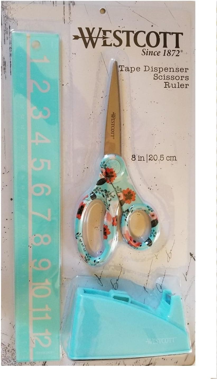 Westcott Products 3pcs Tape Dispenser Ruler Scissors 8” (Aquamarine)