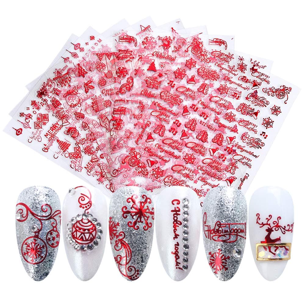 Christmas 3D Nail Art Stickers Xmas Design Nail Decals Red Nail Supplies Christmas Winter Snowflake Letter Elk Santa Tree Snowman Bells Self Adhesive Decals Slider Foils Manicure Decoration 9 Sheets