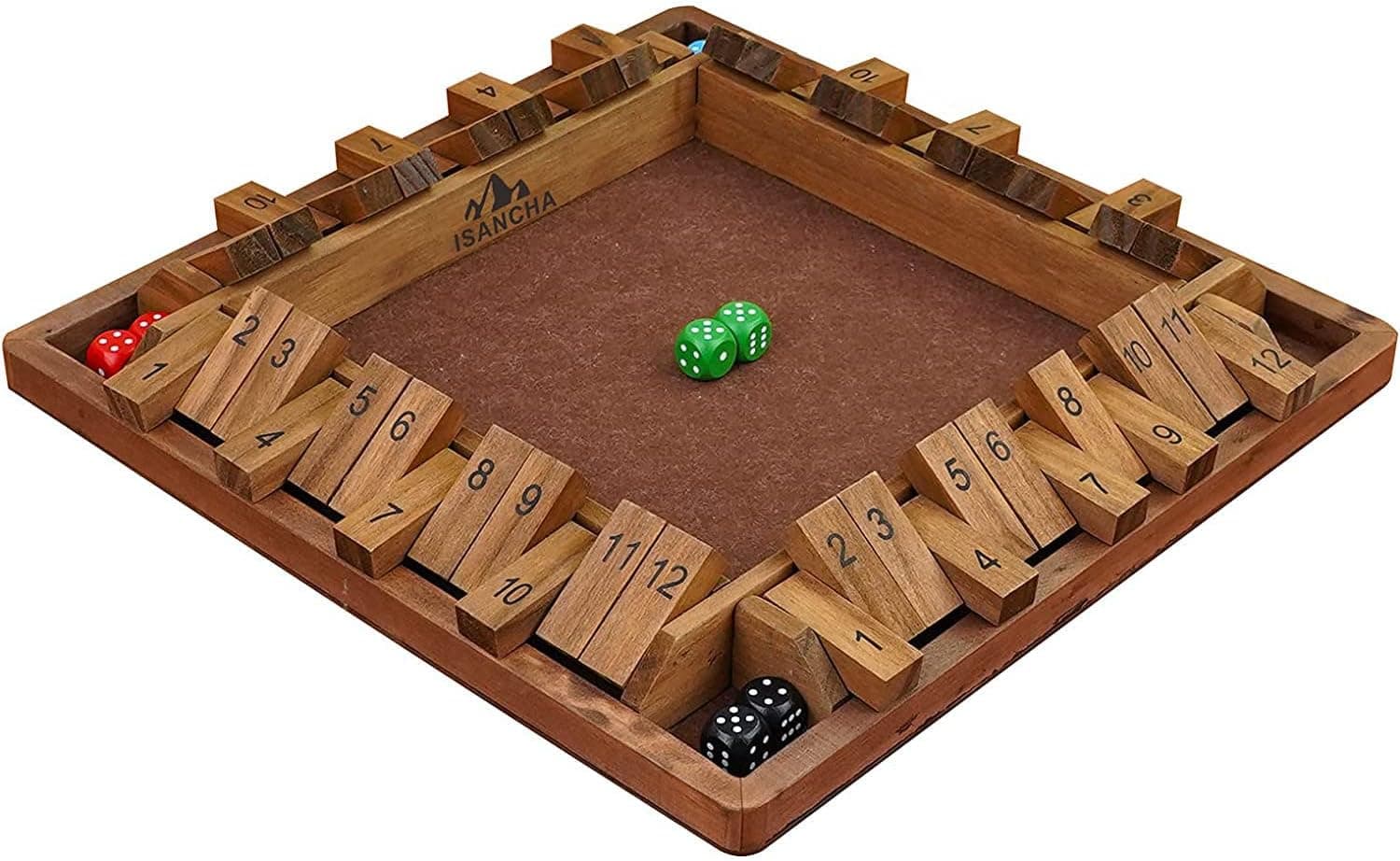 ISANCHA 4 Players Shut The Box Wooden Dice Game,Kids Math Counting Addition,Classic Tabletop Version of The Popular Pub Game(11.6inch)