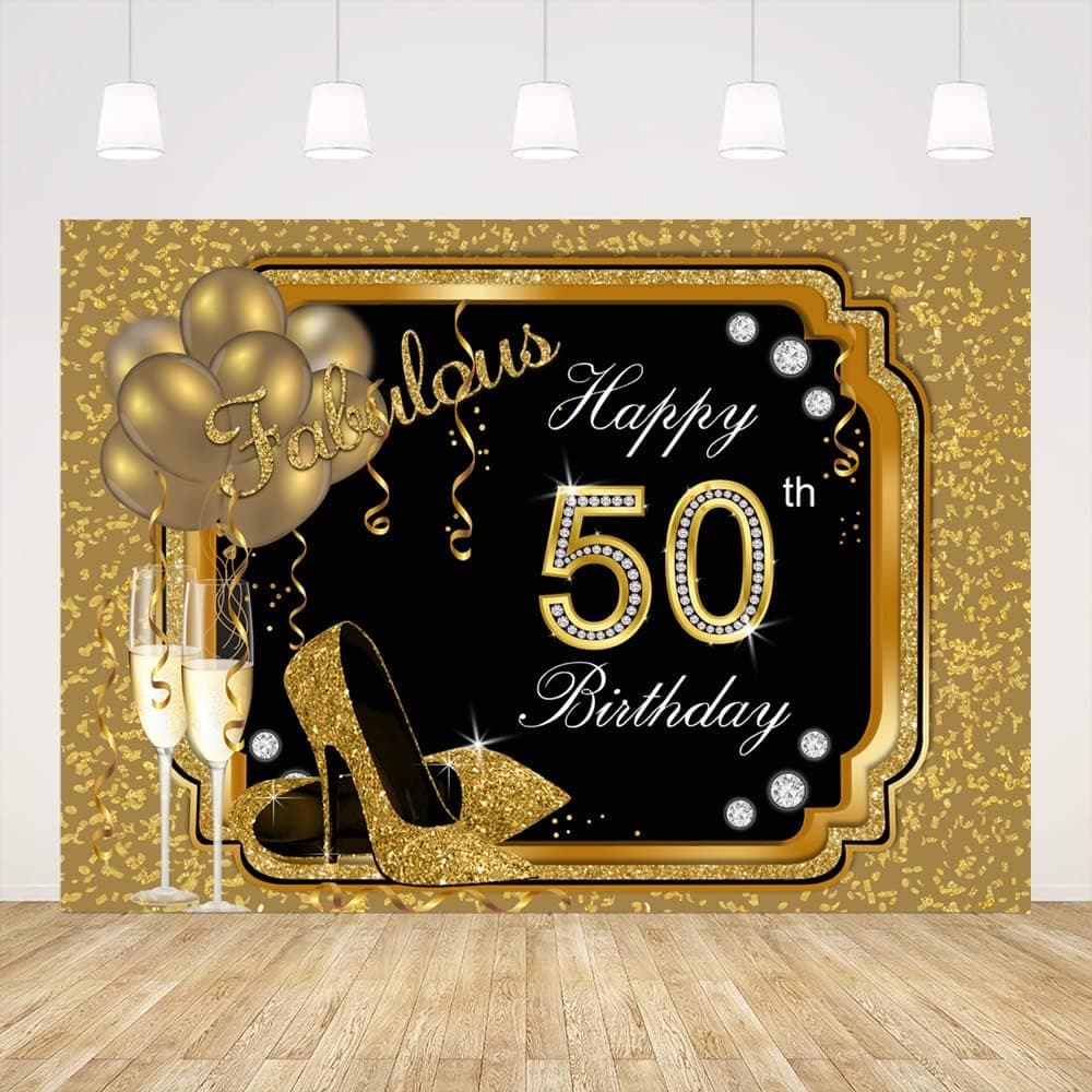 Ticuenicoa 9x6ft Happy 50th Birthday Backdrop for Women Black and Gold Birthday Photo Background Glitter Balloons High Heels Birthday Banner 50th Birthday Back Drops Fifty Party Favors
