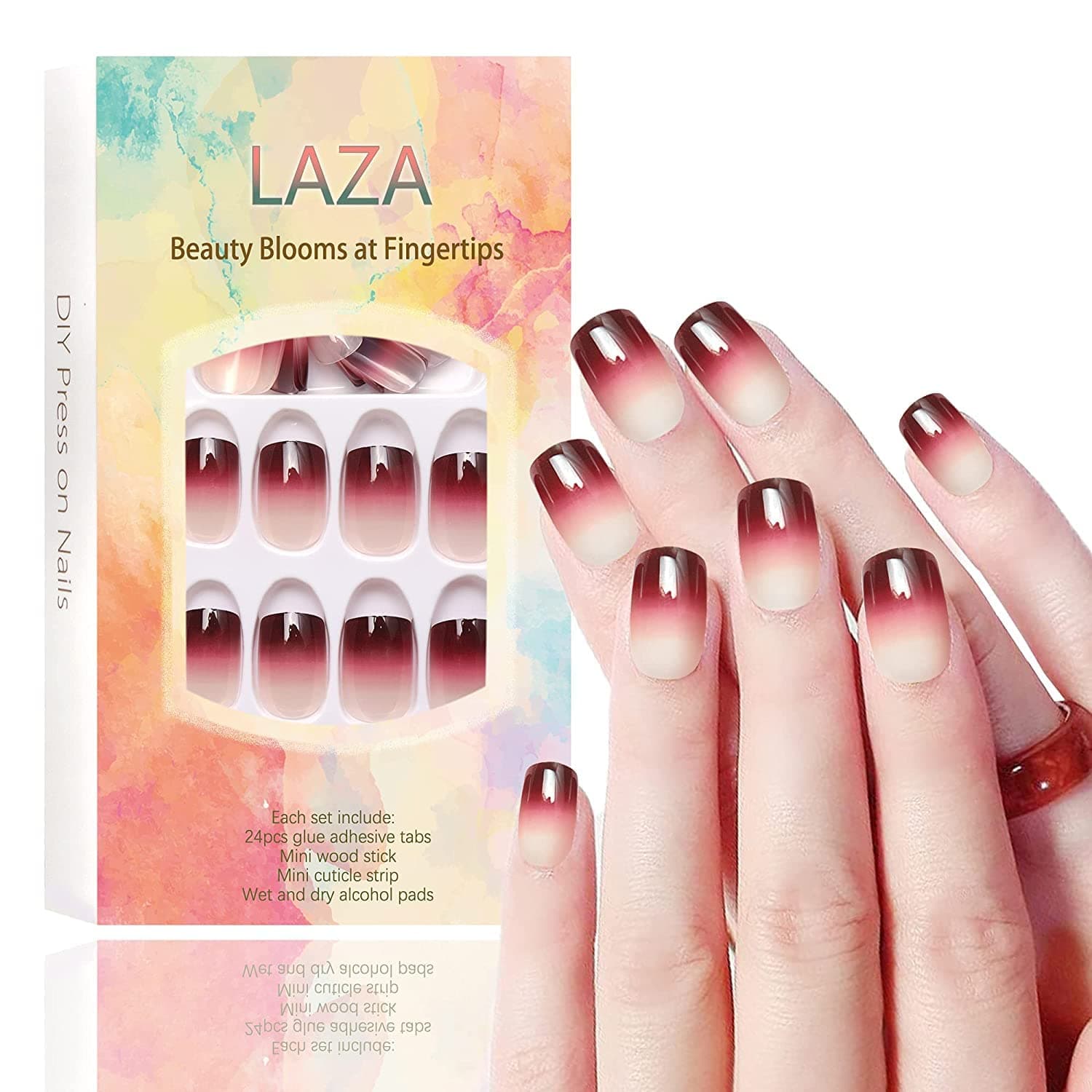 Laza 24 Pcs Colorful Ombre Fake Nails Square Full Cover Gradient Medium UV Coat Artificial Acrylic Nails with Glue Stickers Nails File Wood Stick - Red
