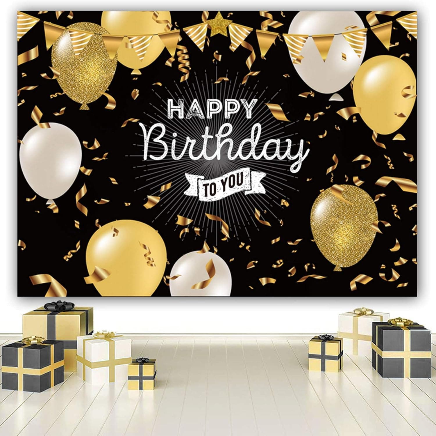 Happy Birthday Backdrop Decorations Black Gold Shiny Background Birthday Anniversary Party Banner for Women Men Cake Table Decorations Supplies Photo Props (5X7ft, Black & Glod)